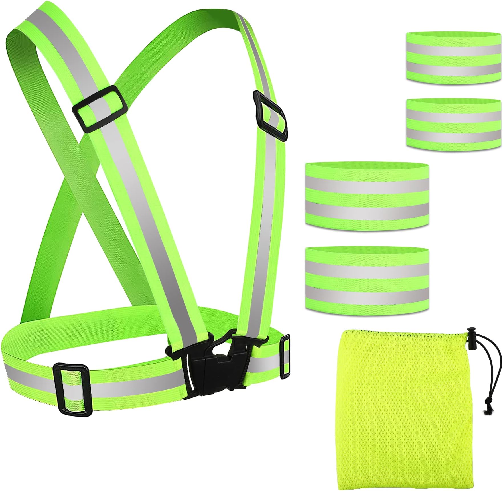 SANNIXReflective Vest Adjustable, Reflective Running Gear with 2 Reflective armbands, 2 Reflective wrist bands, High Visibility Reflective Gear Suitable for Men Women Kid Jog Running Walking Dog