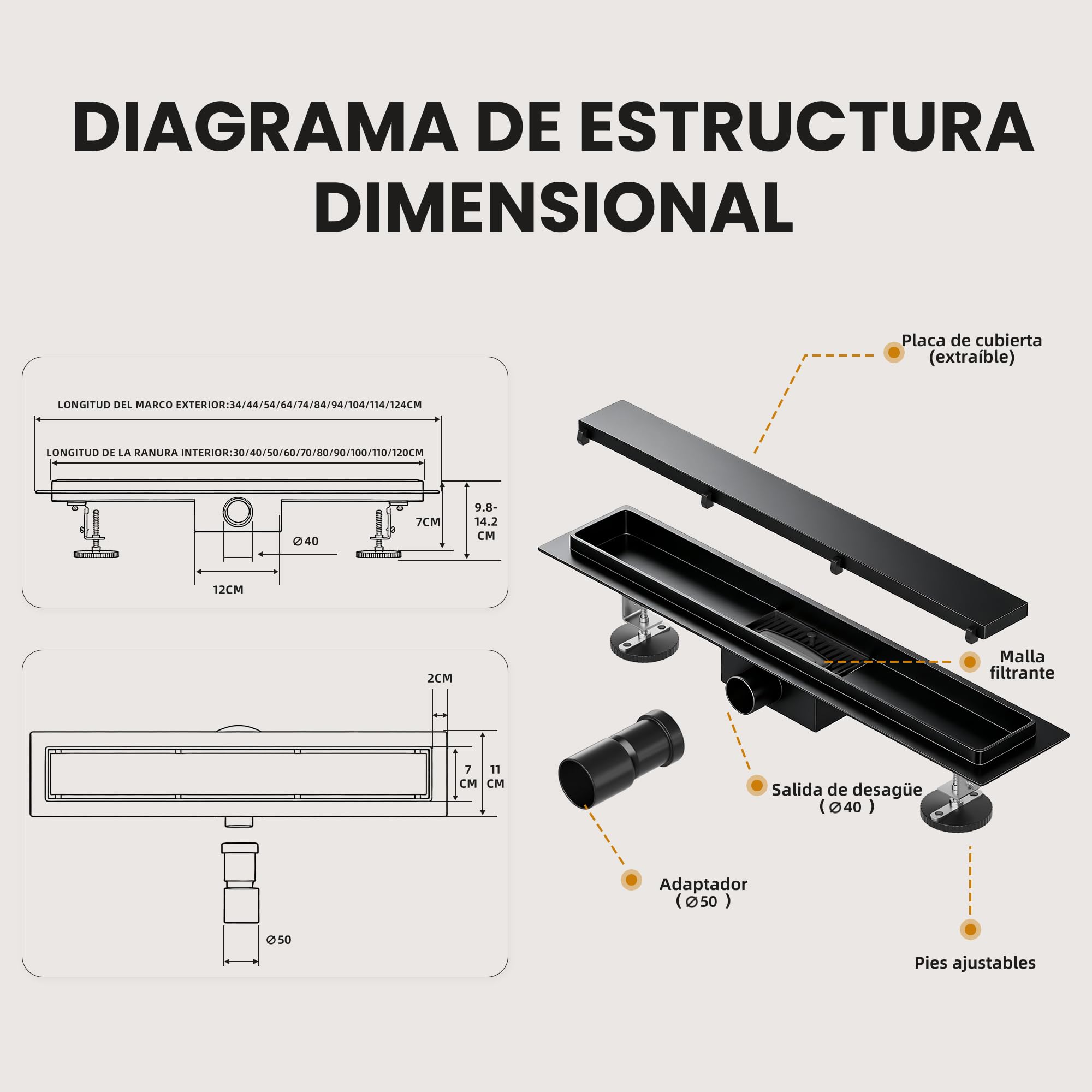 Canaleta de Ducha Negro 70 cm | Enlosable con Sifón Sin Olores, Filtro de Cabello y Diseño Sin Umbral para Ducha a Ras, Acero Inoxidable AISI 304