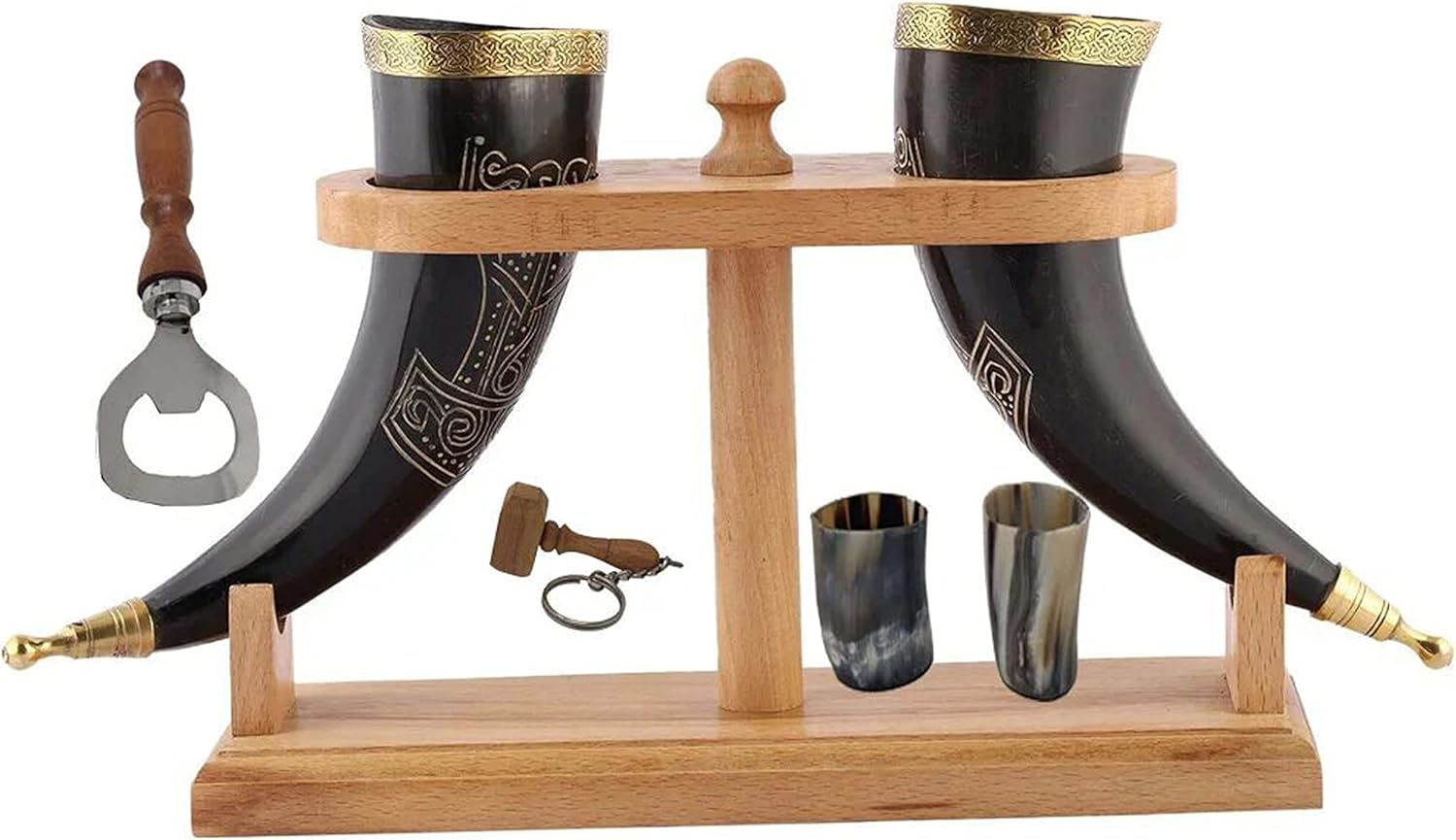Viking Drinking OX Horn | Tankard | Mug | Cup for Ale, Beer, Mead, Wine, Shot Glass, Bottle Opener |100% Leak Free | Natural and Handmade | COMBO OFFERS (2 HORNS WITH WOOD STAND COMBO)