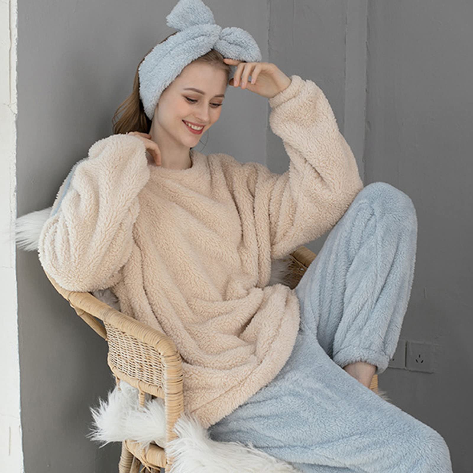 CMBSSTFC Pijamas de invierno para mujer, de forro polar, cálido y acogedor, pijamas térmicos de dos piezas, pantalones largos y camisetas de pijama, traje de jogging, conjunto de pijama de gran tamaño