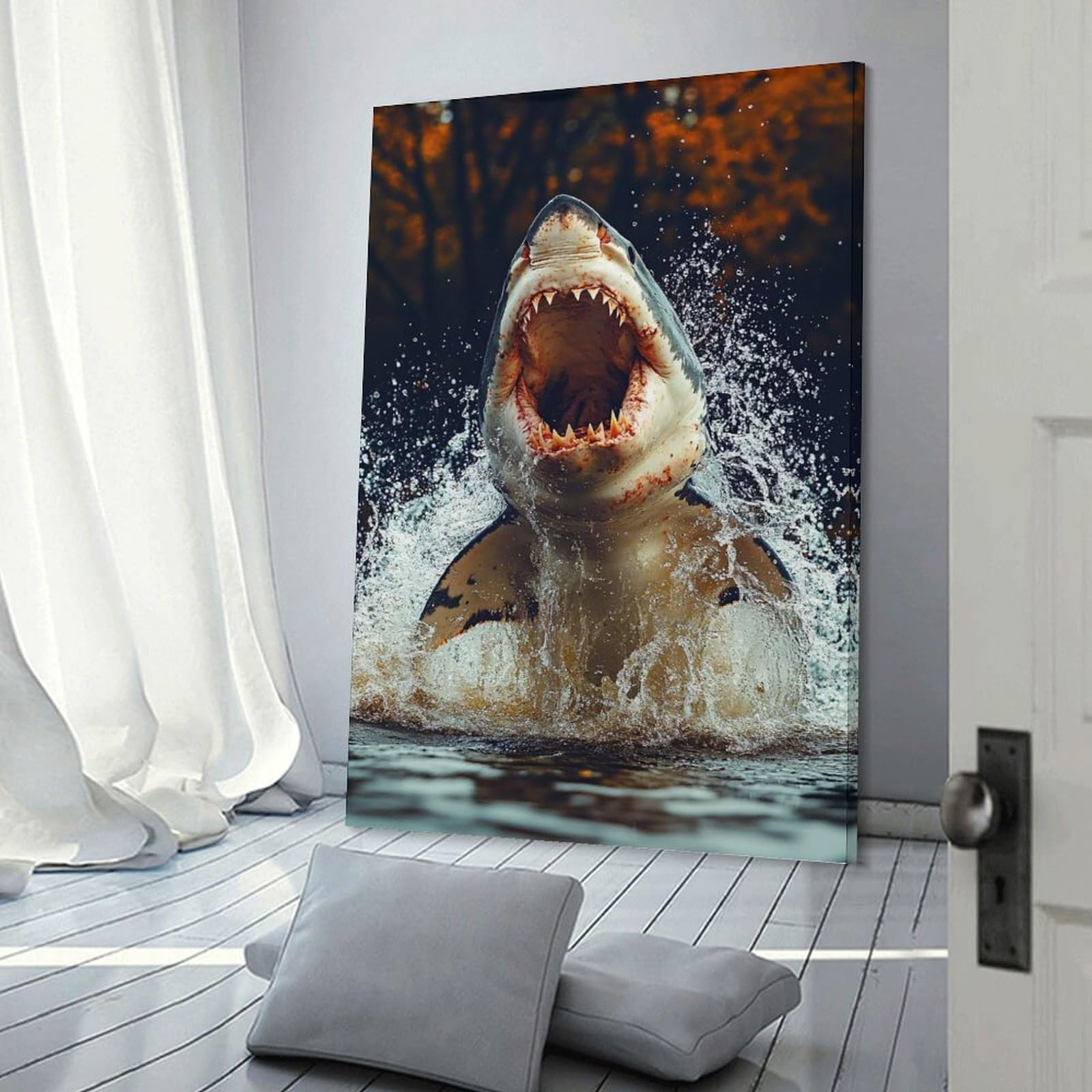Junmoney Great White Shark Breaching Water Hanging Wall Art 20x30inch(50x75cm), for New Homes, Bedrooms Or Workspaces, Thoughtful Wall Decor for Art Lovers