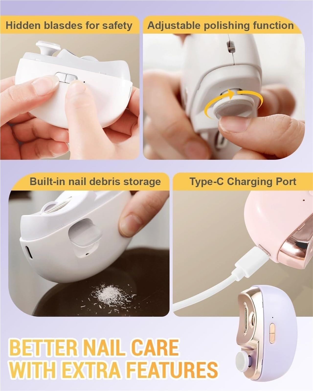 Lime à ongles électrique automatique 3 en 1 avec polissage, perceuse à ongles électrique, coupe-ongles sûr et pratique, coupe-ongles électrique à réglage à deux vitesses avec lumière for enfants et ad