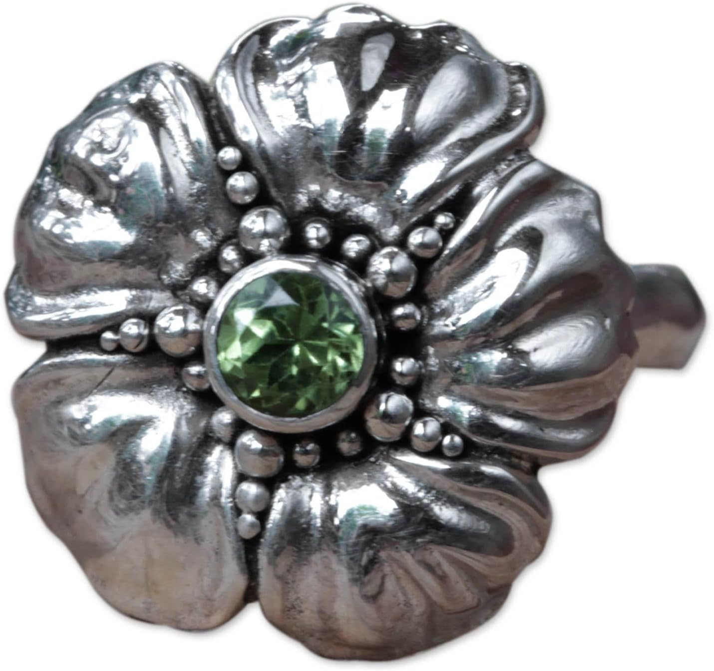 NOVICA Artisan Handcrafted Peridot Flower Ring Balinese .925 Sterling Silver Green Single Stone Cocktail Indonesia Cypress Desert Sage Dried Herb Floral Birthstone 'Hibiscus'