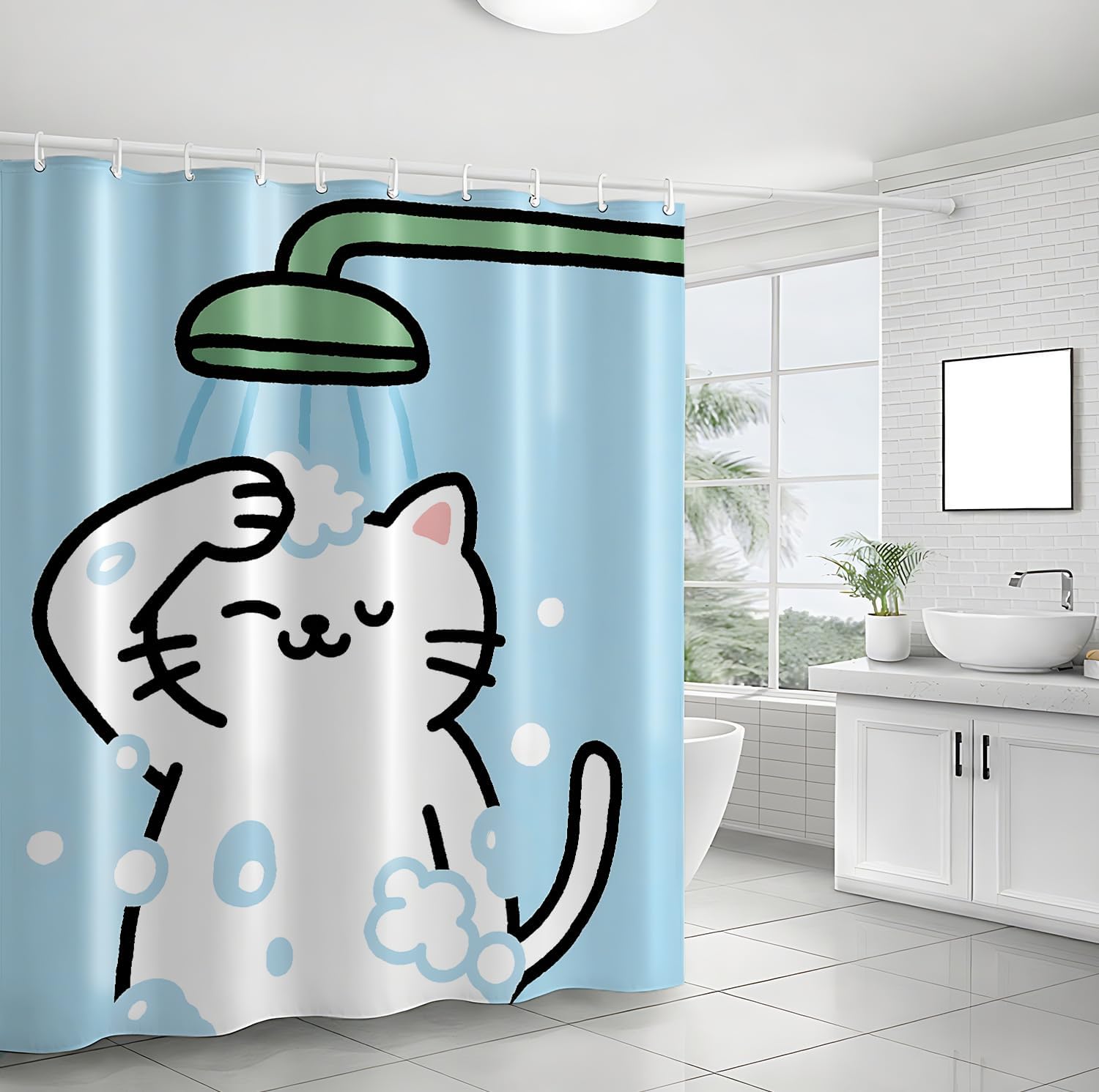 Cute Cat Bath Time Shower Curtain- Cute Cartoon Kitten Showering with Bubbles, Waterproof Bathroom Decor Set with Hooks 72x72 Inches