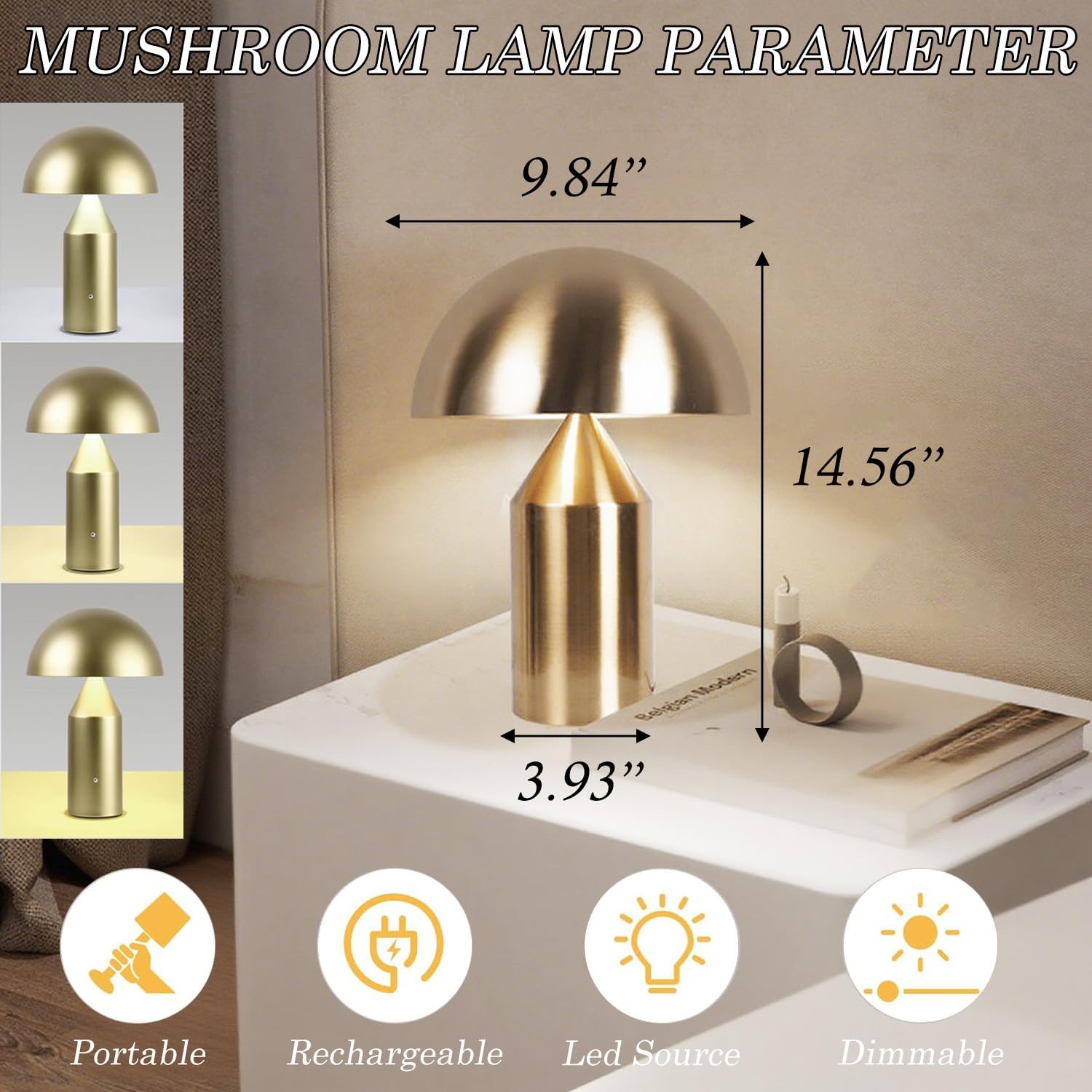 MIXL-Cordless Gold Mushroom Table Lamp,Battery Mushroom Night Light,Wireless Touch Nightstand Lamp,Mid Century Modern Table Lights for Living Room Bedroom
