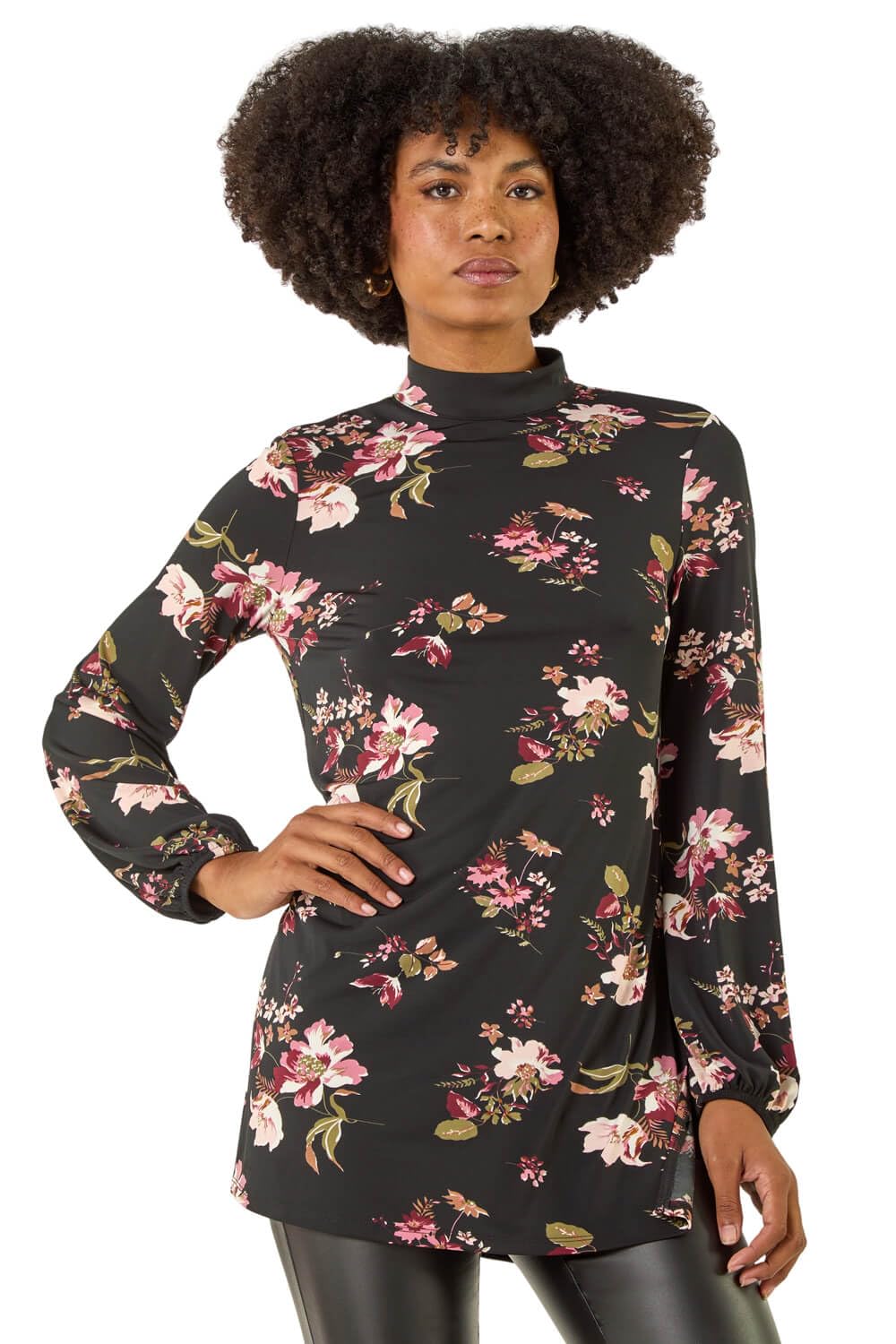 Roman Women's Black Floral High Neck Tunic Top In | Size: 14