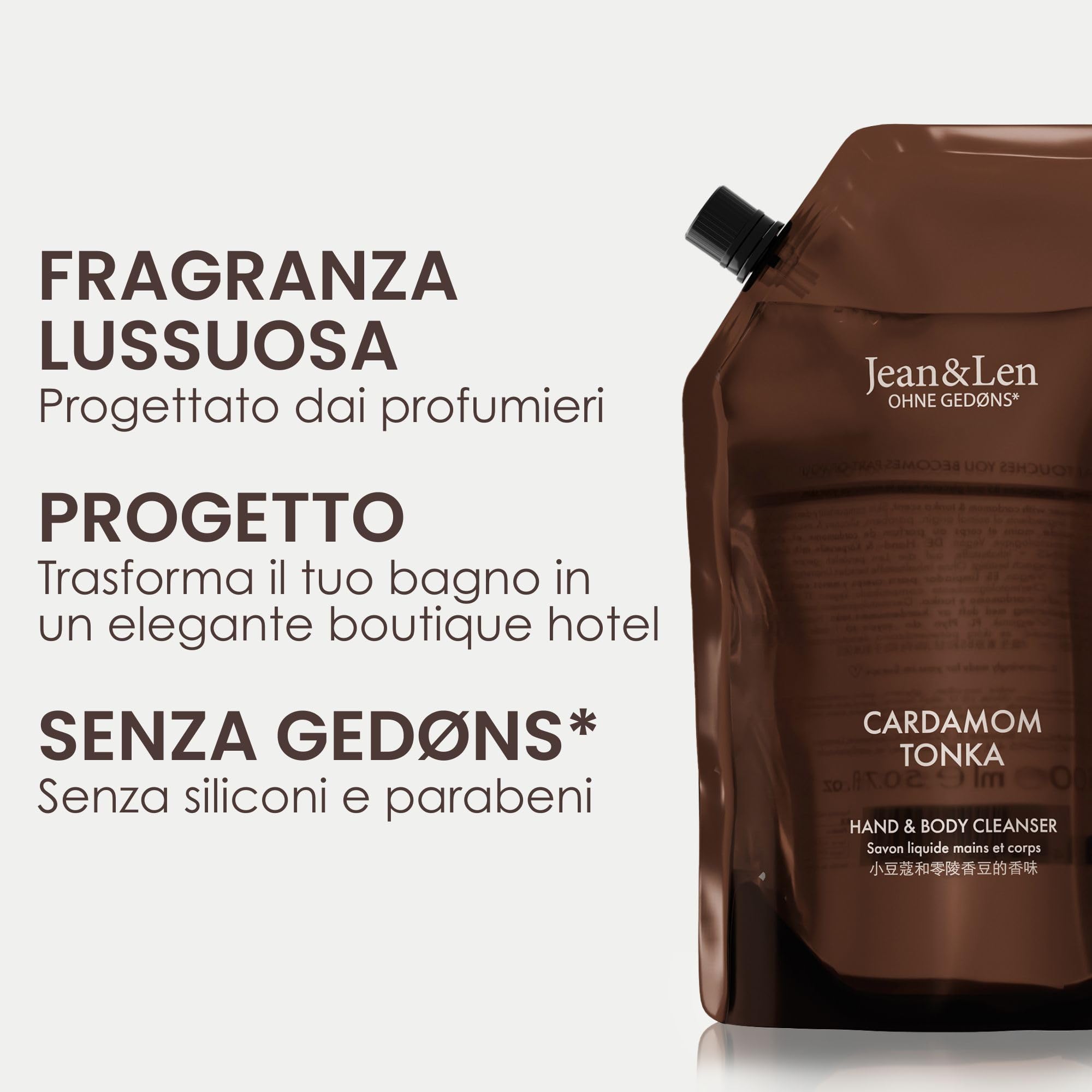 Jean & Len Hand & Body Cleanser Cardamom & Tonka in busta ricarica, per un'esperienza di pulizia profumata, profumo esotico e speziato, sapone liquido in confezione ricarica, vegano, 1,5 L