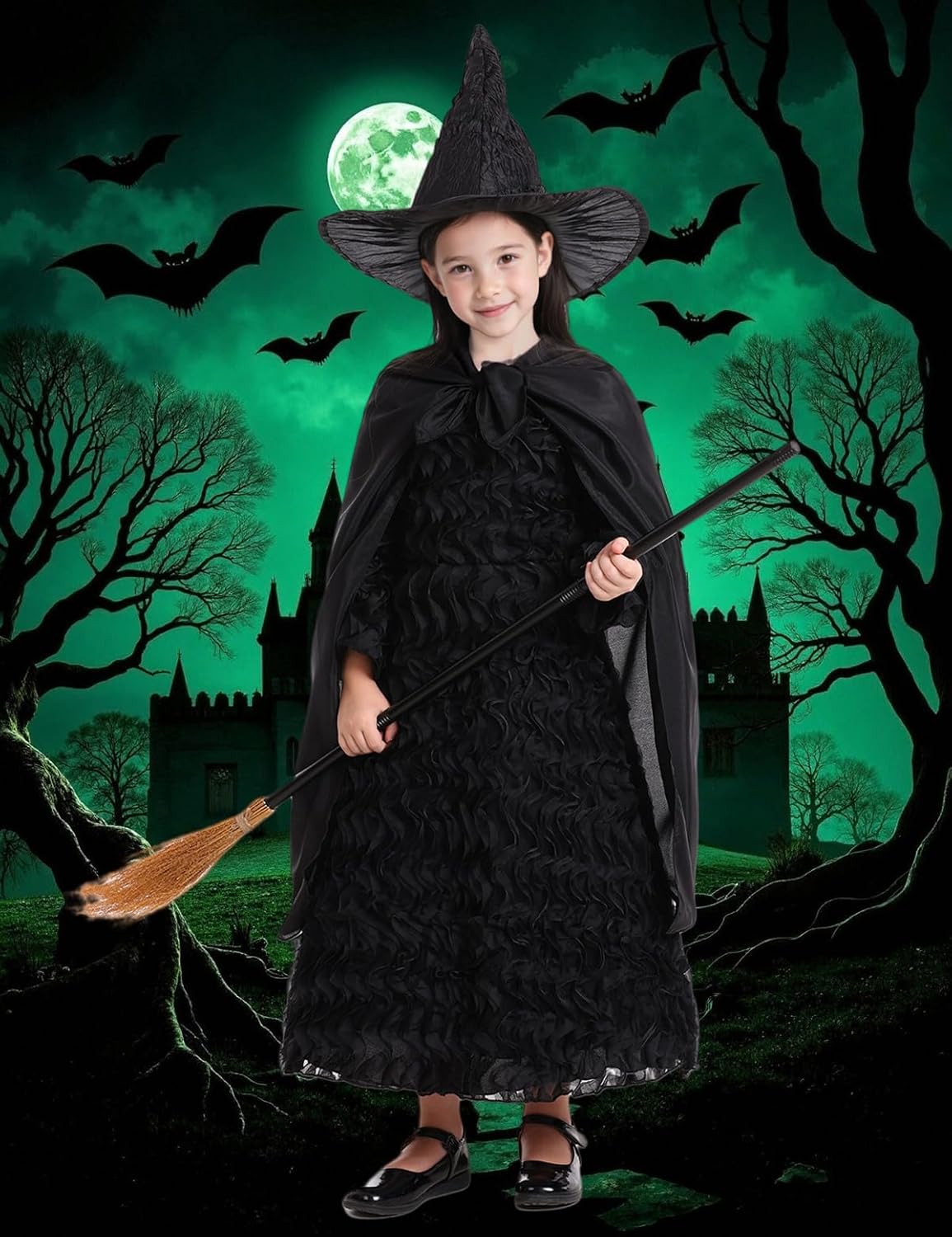 Girls Witch Costume Dress, Black Textured Dress for Kids Halloween Costumes, 6 Pcs Black Witch Cosplay Outfit - Image 6
