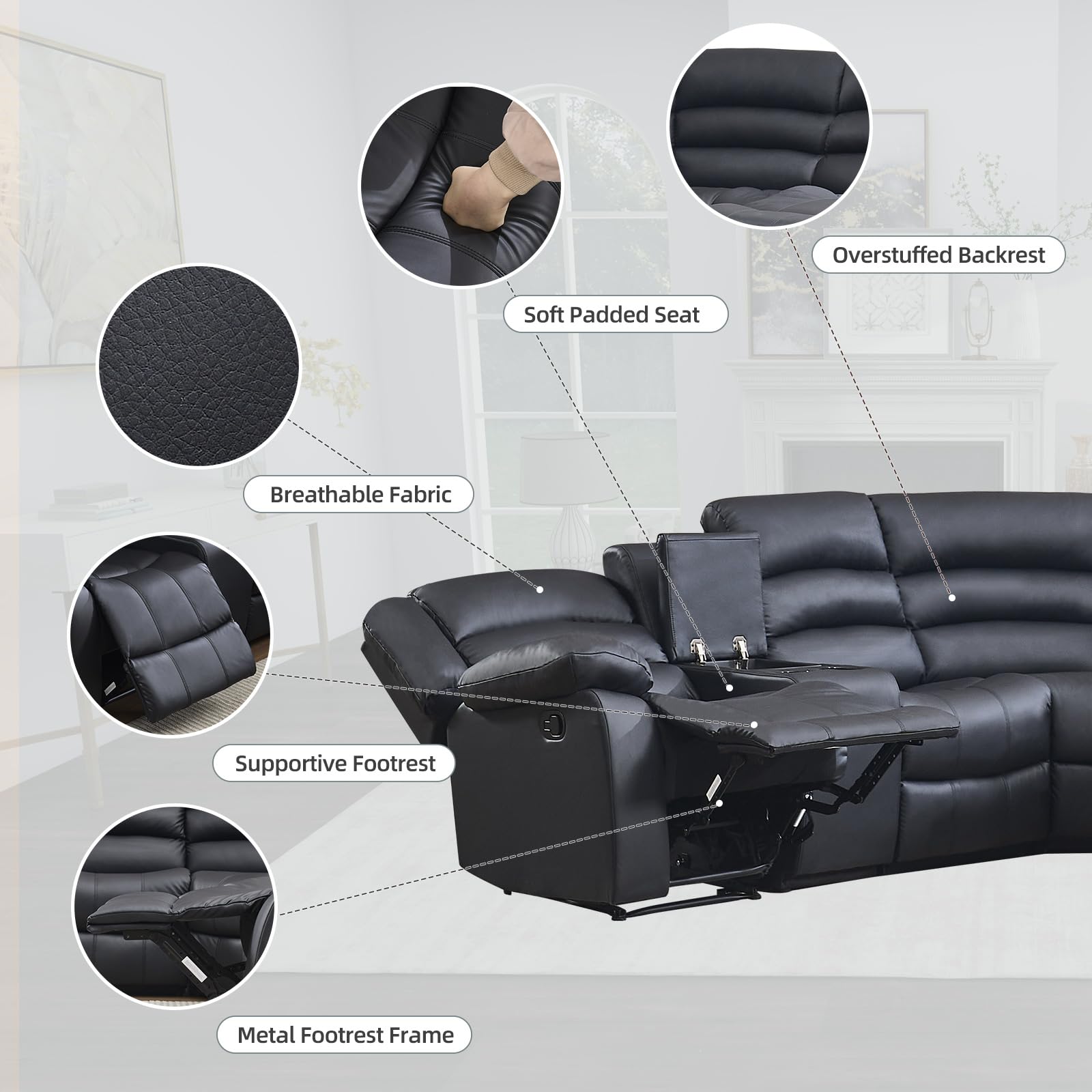 EBELLO Faux Leather L-Shaped Reclining Sectional Sofa Couch, Manual Recliner Sofa, with Cup Holders, Storage Space, a Convertible Backrest 5 Seats Home Furniture Set for Living Room, Black view 3
