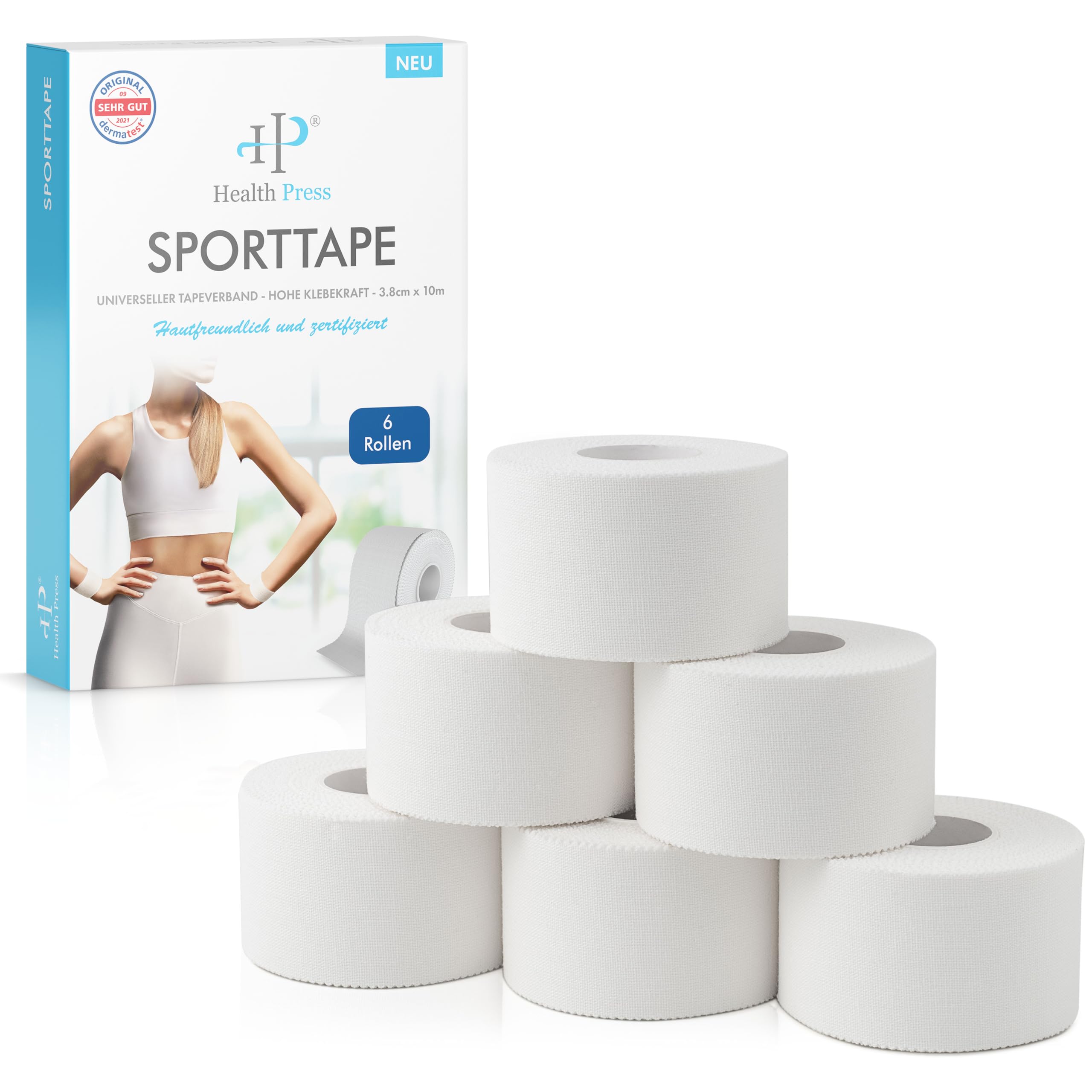 Health Press Sporttape | 6 Tape Rollen (3,8 cm x 10 m) – weiß – reißbares Profi Sport Tape