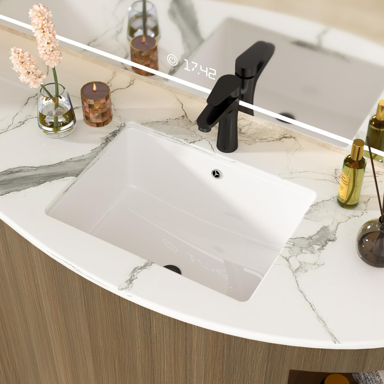 Fregadero de baño de cerámica de 51 x 37 cm, color blanco | Cuenco interior de 45,5 x 31,5 cm, lavabo rectangular de porcelana moderna para debajo del mostrador, fácil de limpiar