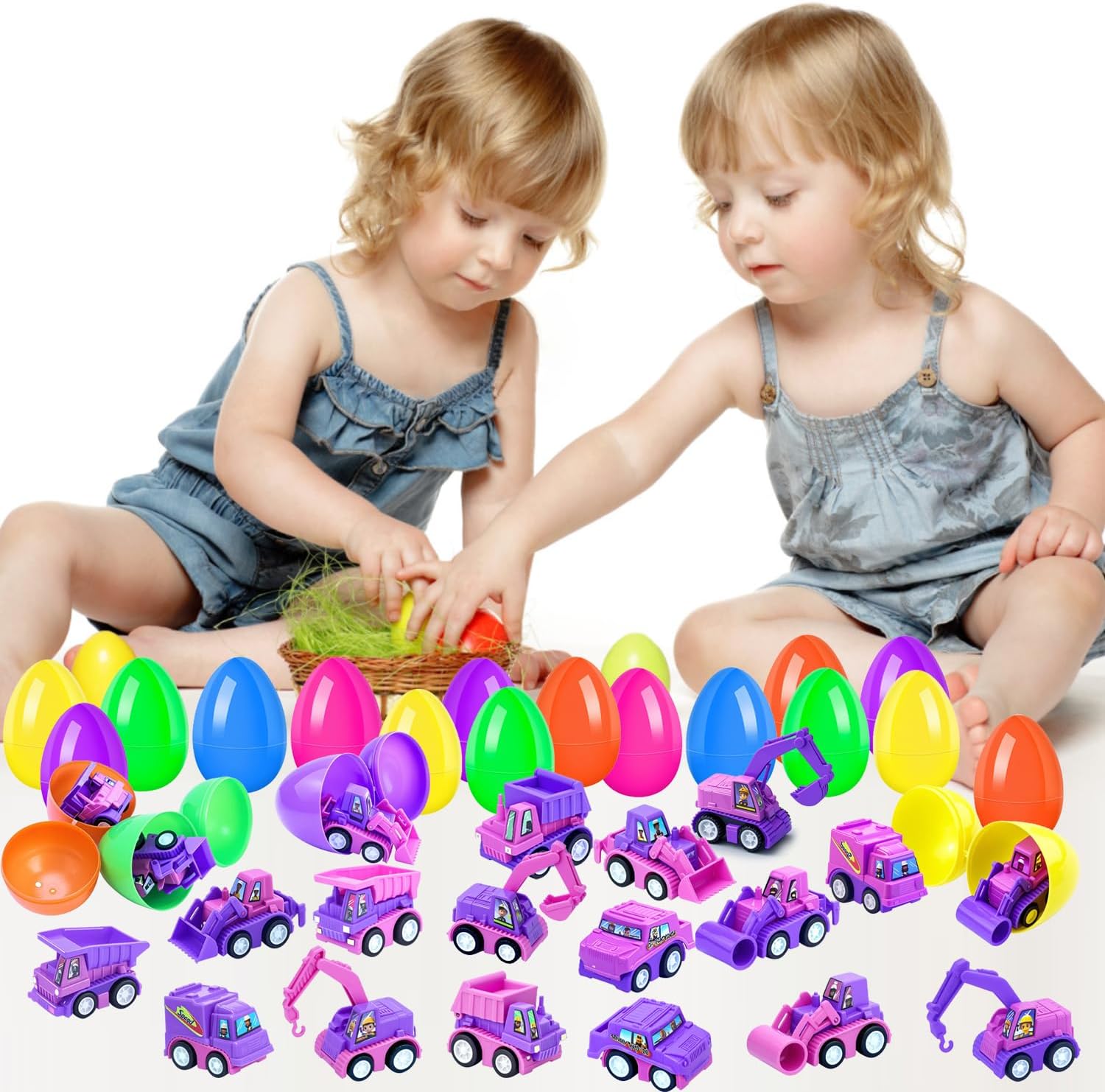 16PCS Prefilled Easter Eggs with Pink Pullback Construction Truck Toys Purple Engineering Vehicles Trucks for 3 4 5 6 7 8 Years Old Kids Girls Basket