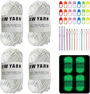 4 Rolls Glow in The Dark Yarn 55 Yards Crochet Yarn, Glow in The Dark Yarn for Crocheting with 4 Crochet Hooks 10 Weaving Needles 21 Knitting Markers, Luminous Yarn for Crafts Sewing (White)