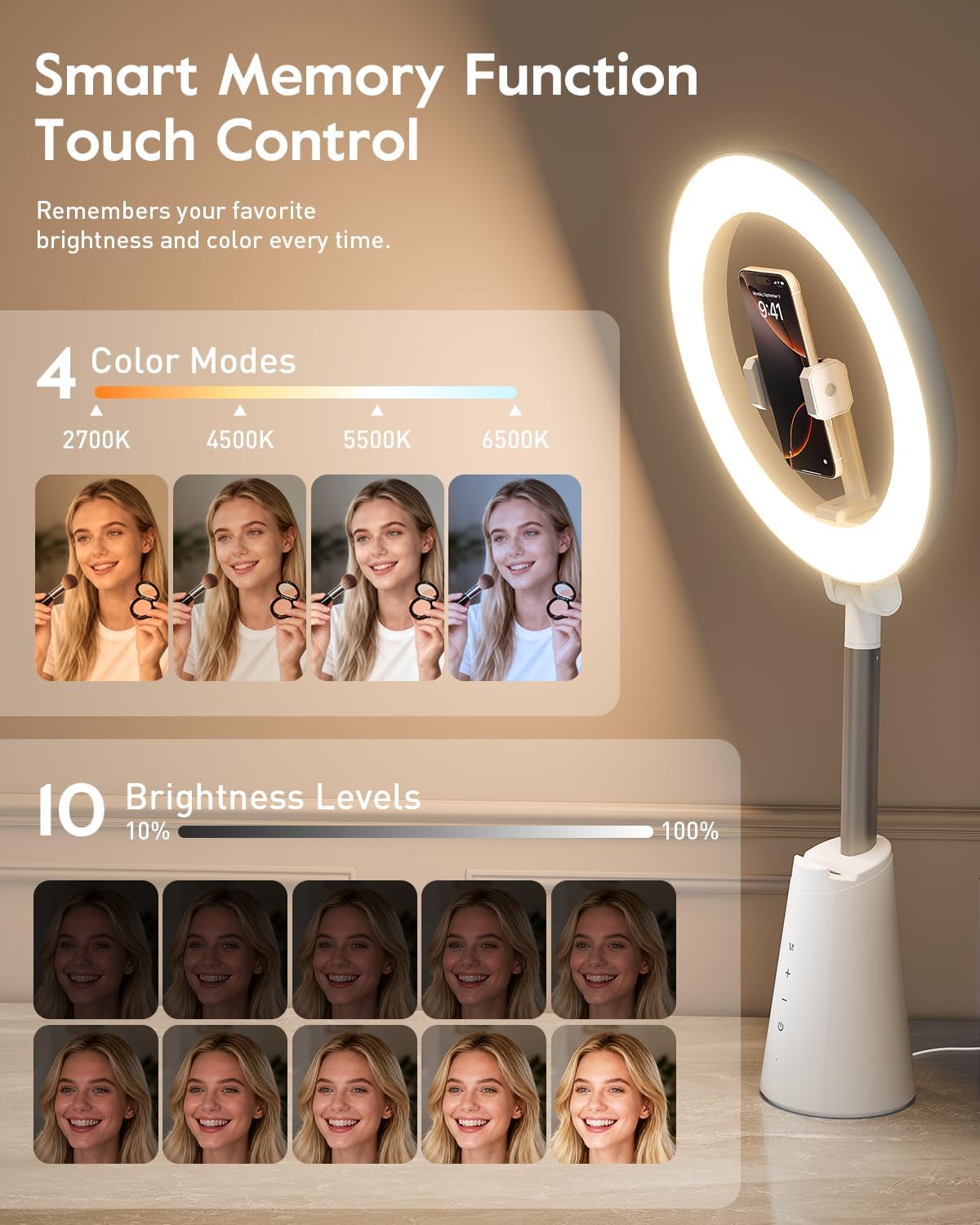 11" True-Color Desk Ring Light with Stand & Dual Phone Holders – CRI 98+ Soft Desk Selfie Light, 224 LEDs, 4 Color Modes, Touch Control for Makeup, Live Streaming, Video Recording, Zoom Calls&TikTok