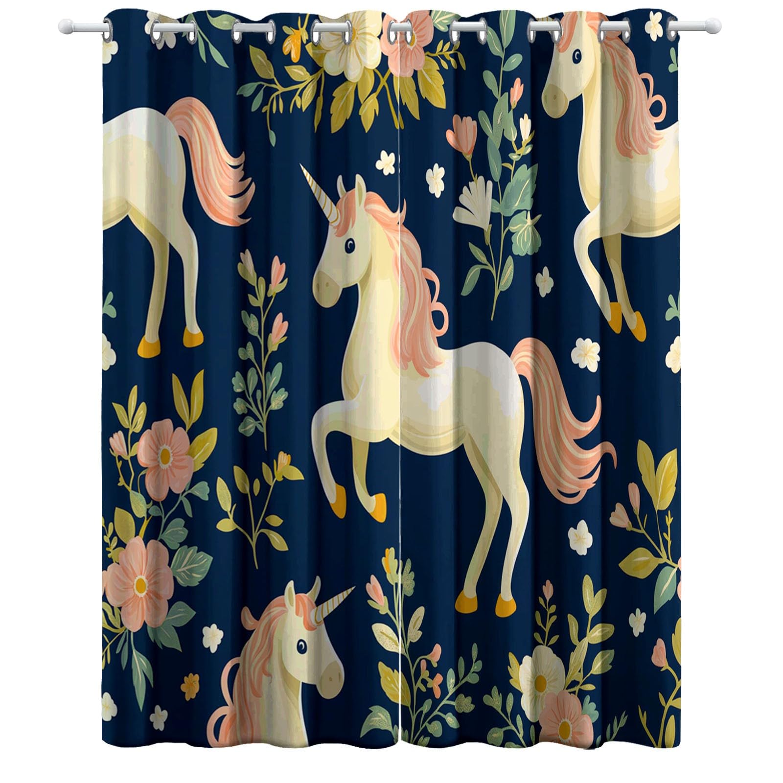 Générique Rideau Occultant Animaux Licorne, Rideaux Isolant Thermiques et Phonique - Draperies Oeillets Anti Froid Plantes Et Fleurs pour Salon Chambre Fenêtre Décoration 140L x 260H cm 2 Panneaux