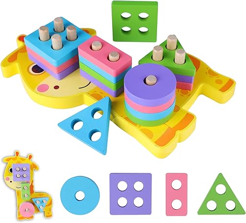 POLKRANE Juguetes Montessori para niños y niñas de 3 años, juguetes de clasificación y apilamiento de madera para niños pequeños y preescolares