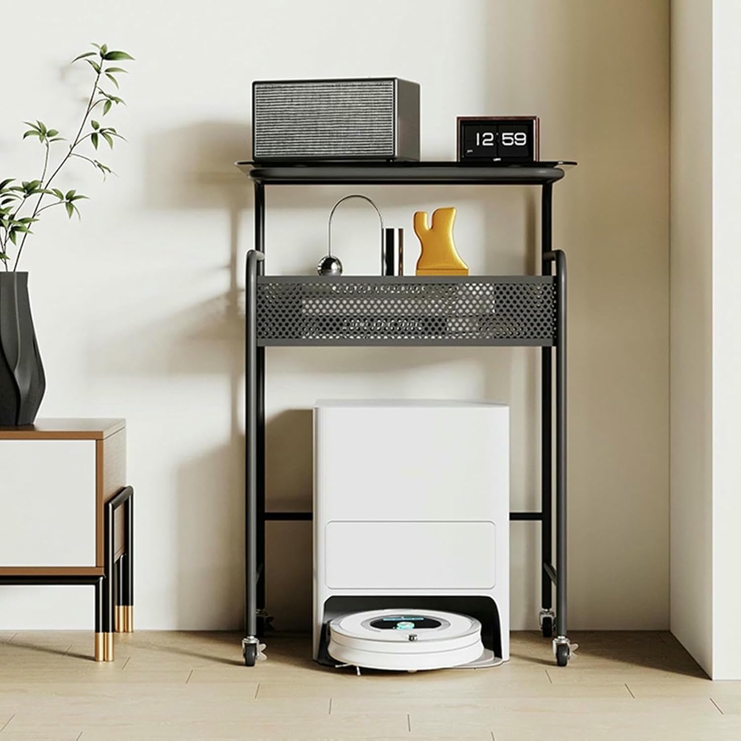 Robot Vacuum Hidden Storage Cabinet with Wheels, Vacuum Stand End Table, Sweeping Cleaner Rack for Living Room, Dining Room,Kitchen, Office