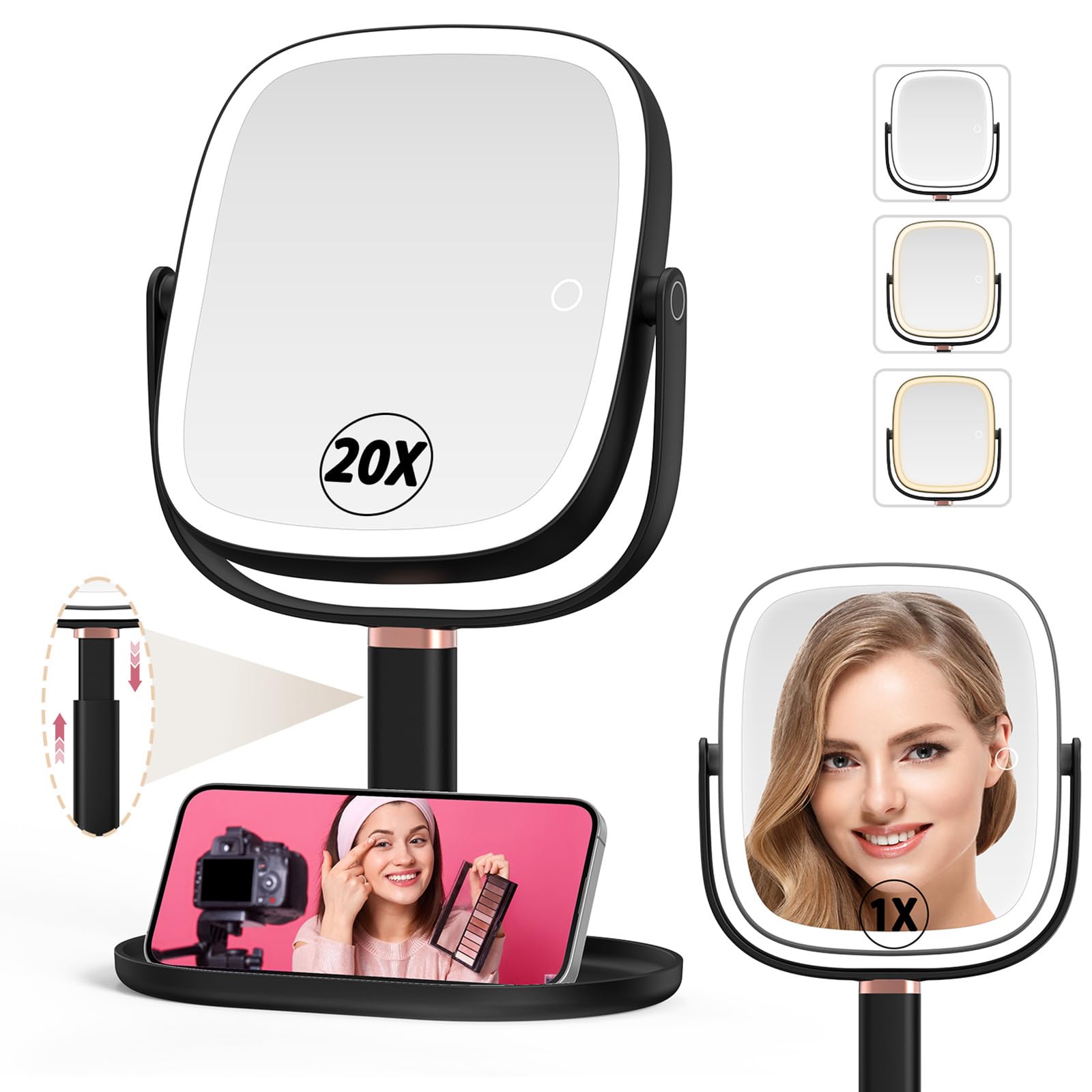 Mocado Makeup Mirror with Light, 360° Rotation 1X/20X Magnifying Makeup Mirror, Rechargeable Double Sided Tabletop Vanity Mirror with Height Adjustable, 3 Color Light, Dimmable Touch, 21.4cm(Black)
