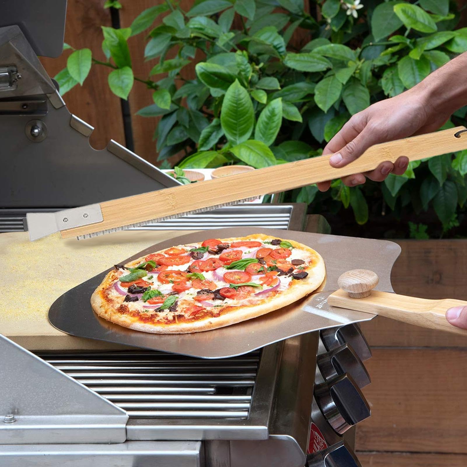 Cepillo de piedra para pizza, raspador de cepillo de limpieza con mango de madera extralargo, herramienta raspadora de cepillo resistente al calor, limpiador de piedra de pizza para horno de pizza | Herramienta raspadora de cepillo resistente al calor sin