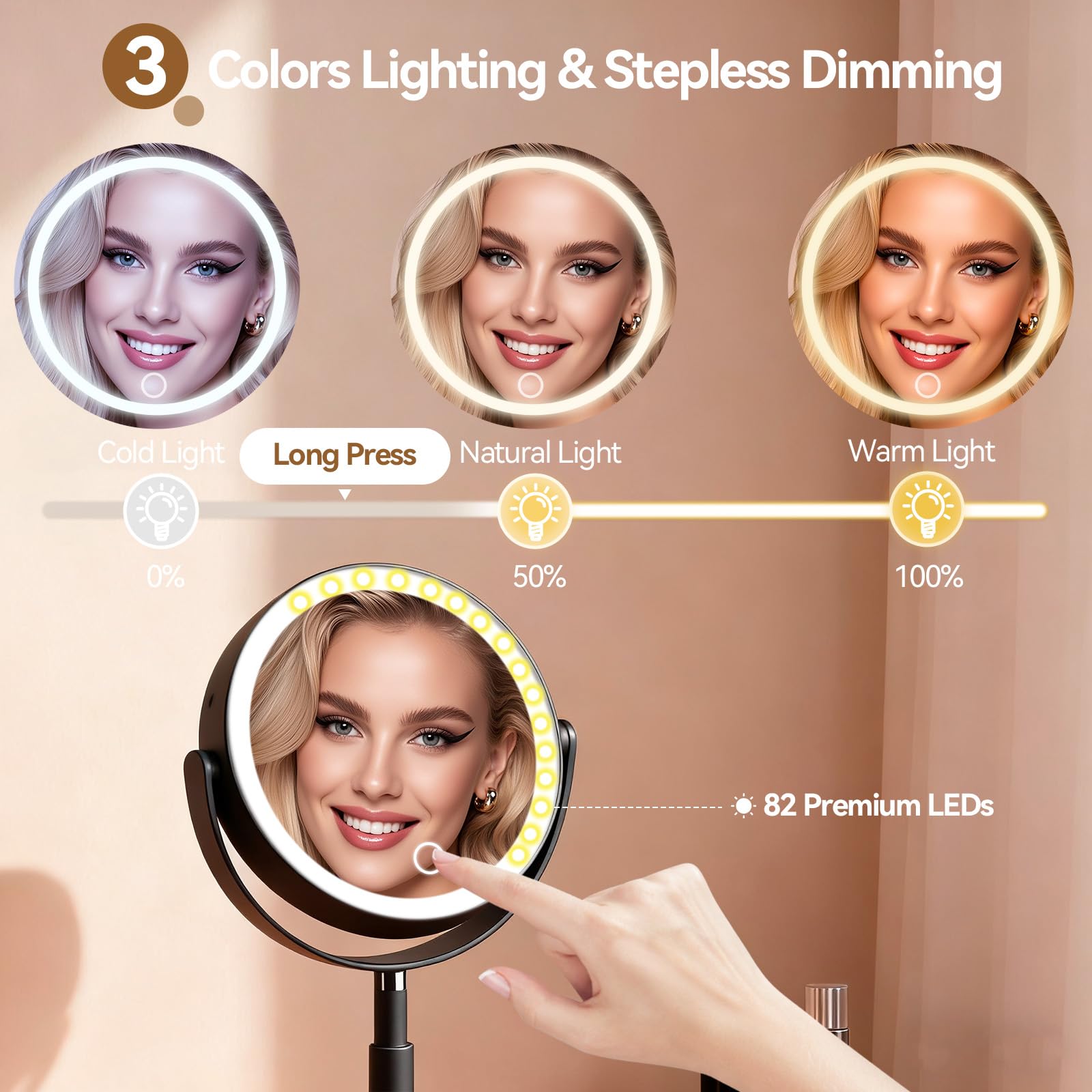 Shinowa 20X Ingranditore Trucco Specchio con Luce a LED | Altezza Regolabile, 3 Colori di Luce, Rotazione 360°, Ricaricabile USB, Funzione Memoria, Nero