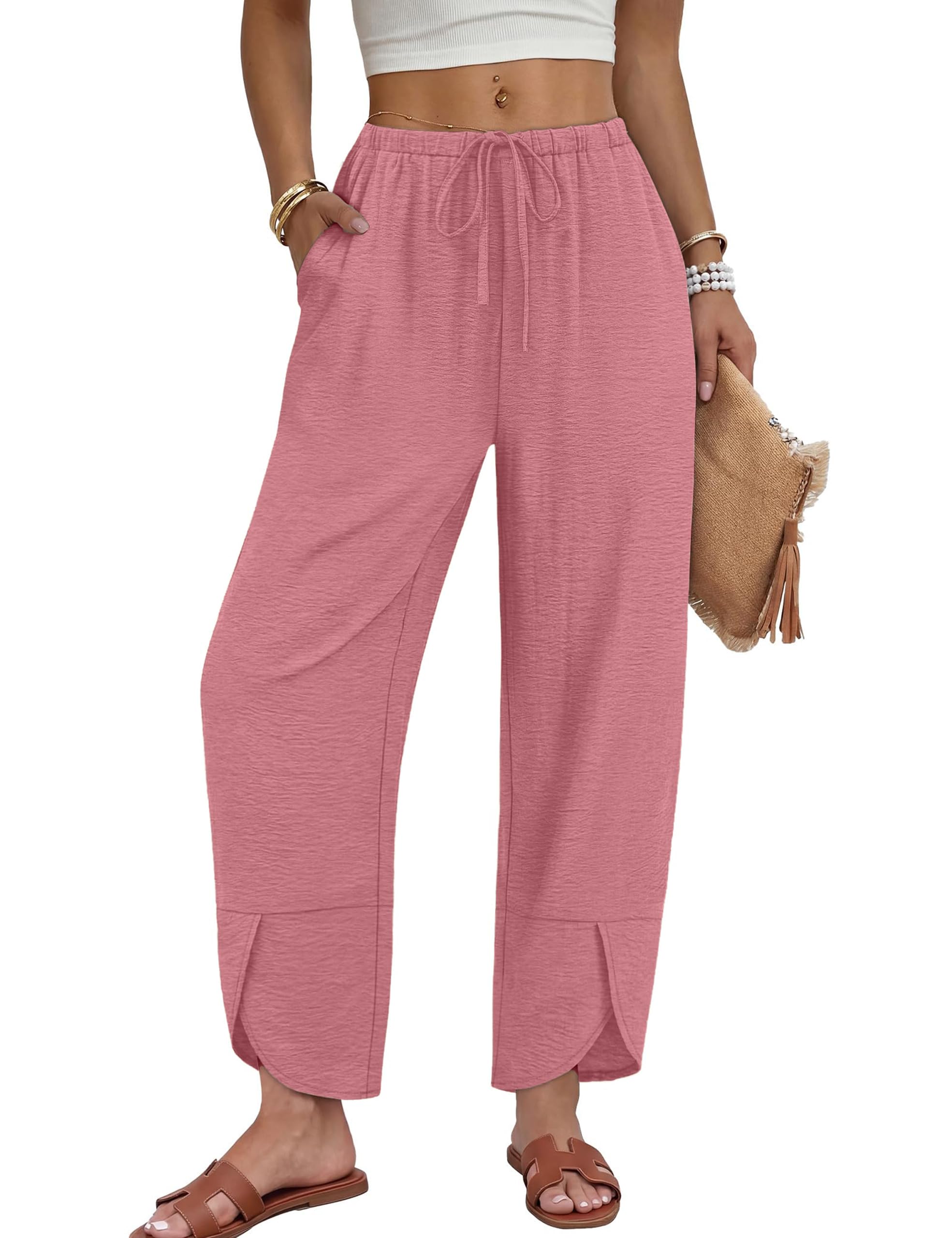 Desol Pantalon d'été léger pour femme avec jambes larges, culotte 3/4, pantalon palazzo, tenue décontractée, tenue de vacances