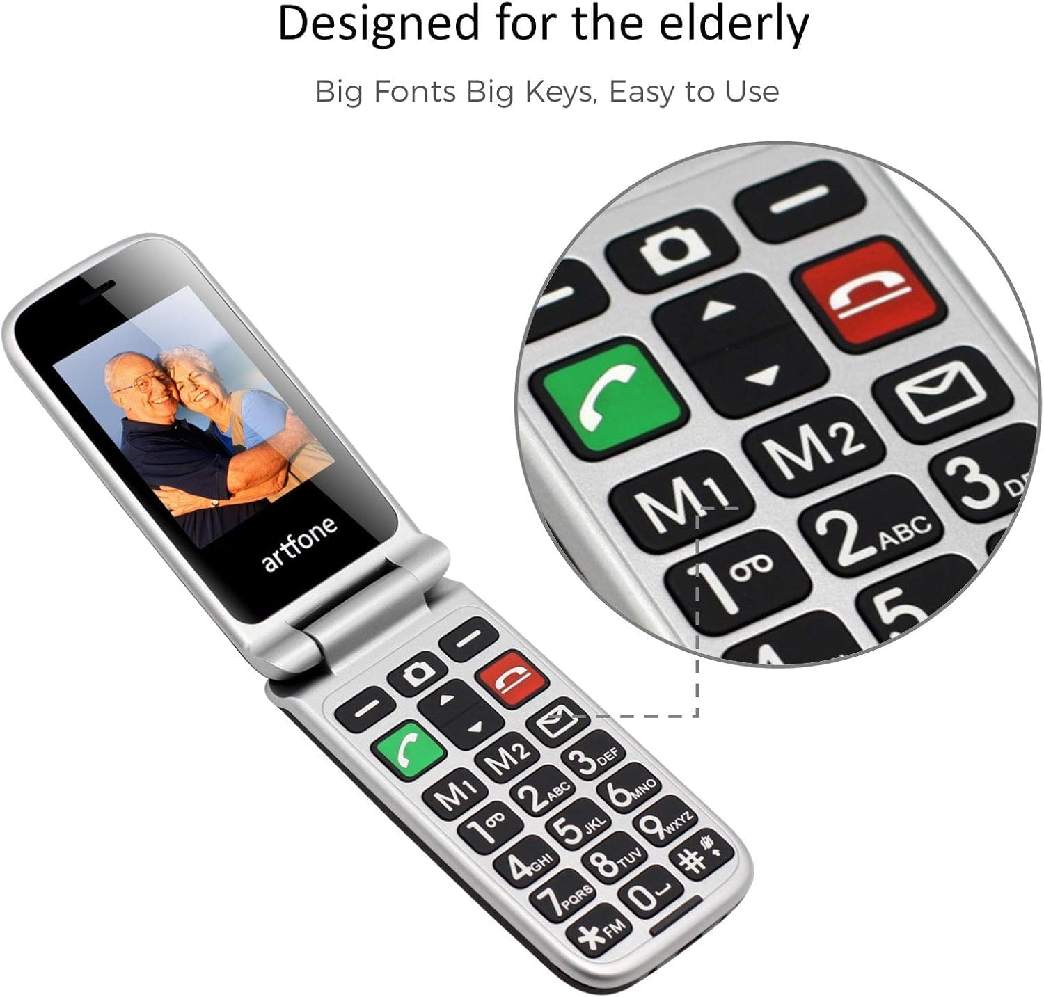 artfone CF241A flip phone with a close-up of its large, clearly labeled buttons, including M1, M2, and SOS, emphasizing its design for elderly users.