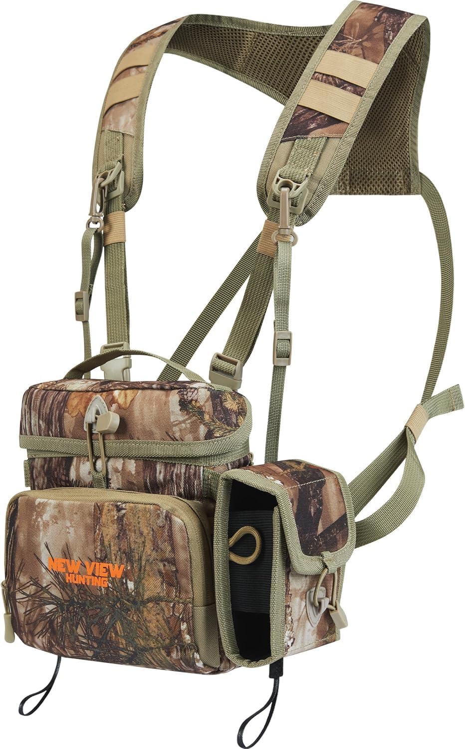 NEW VIEW Bino Packs for Hunting - Binocular Straps Harness Chest Pack with Detachable Rangefinder Pouch, Adjustable Camo Binos Harness & Rain Cover - Ideal for Bow Hunter- Large
