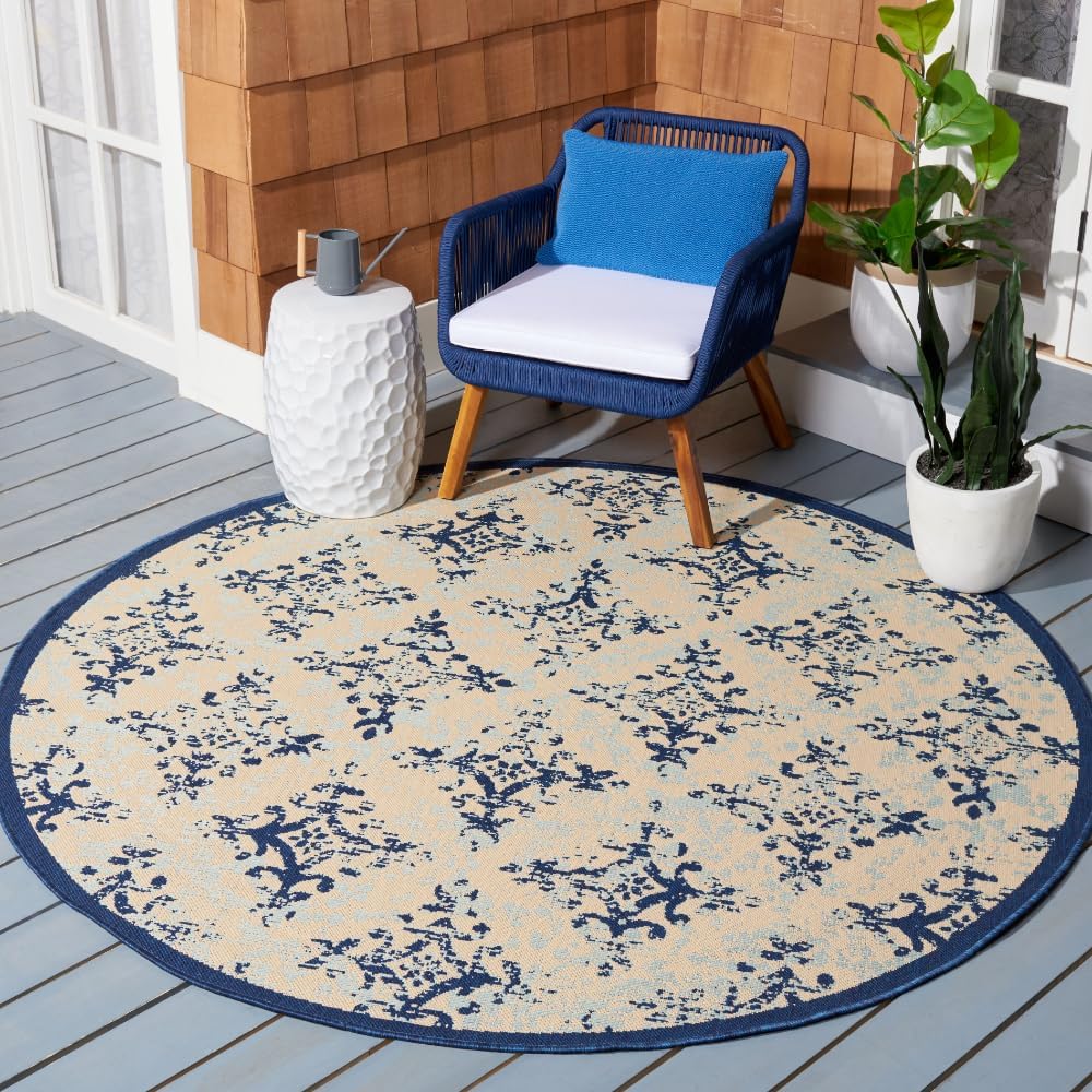SAFAVIEH Courtyard Collection 6'7" Round Ivory/Navy CY6784 Indoor/ Outdoor Waterproof Easy Cleaning Patio Backyard Mudroom Area Rug