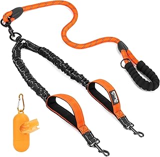 Slowton Double Dog Leash No Tangle - 360° Swivel Heavy Duty Reflective Lead with Two Padded Handles Dual Dog Splitter, Comfortable Shock Absorbing Walking Training for 2 Large Dogs (25-150 lbs)
