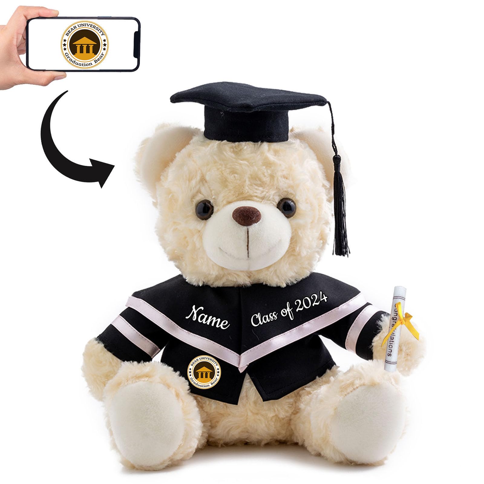 Graduation Bear Class of 2024 Personalised Graduation Gifts with Custom Text+Photo, Teddy Bear Stuffed Animal as Graduation Gifts for Her 2024 High School/ College Graduation Gifts (8-IN-Text+Photo) — image 1