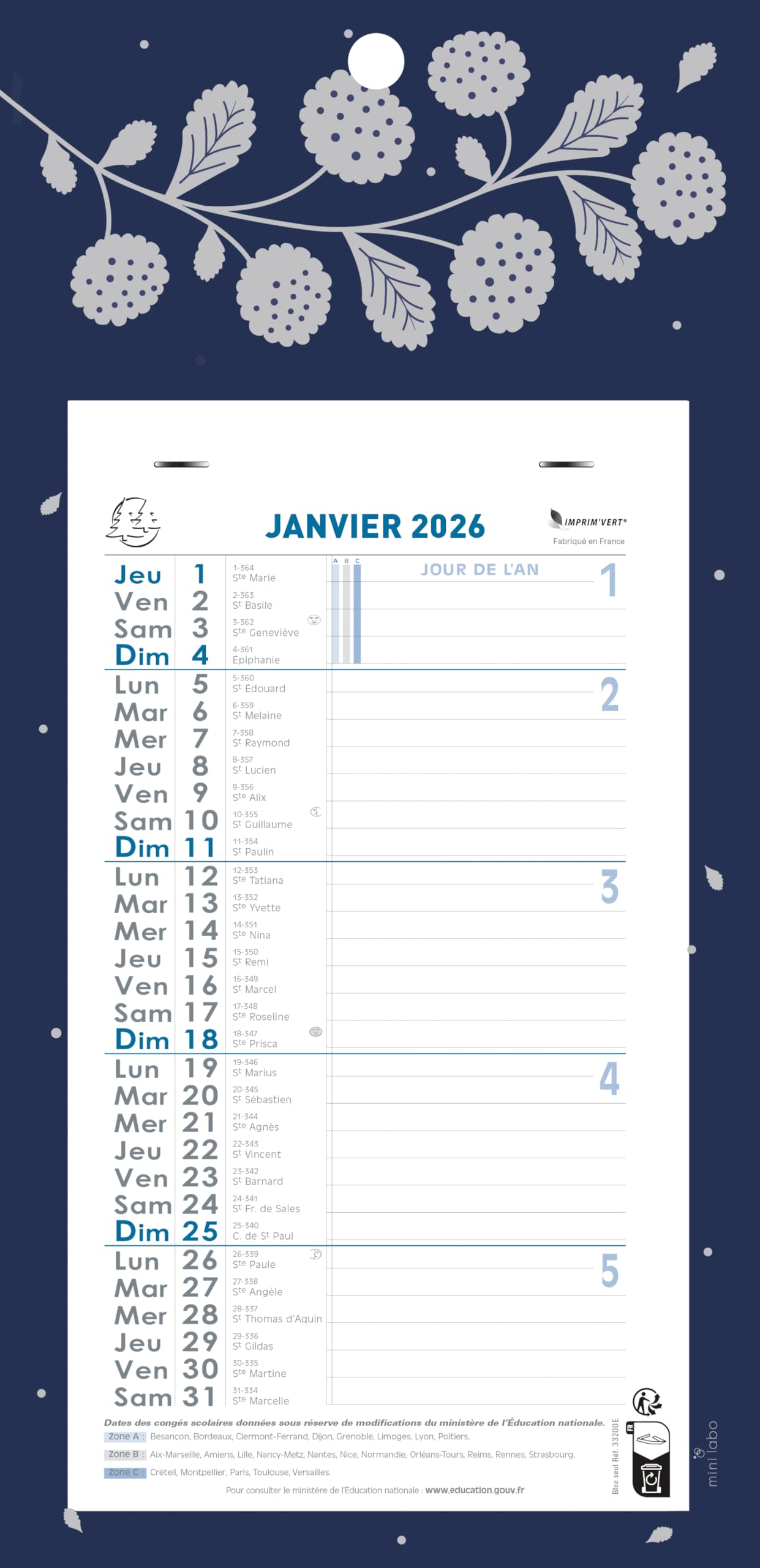 Exacompta Calendrier mensuel Végétal 15,5x28,5cm 2026