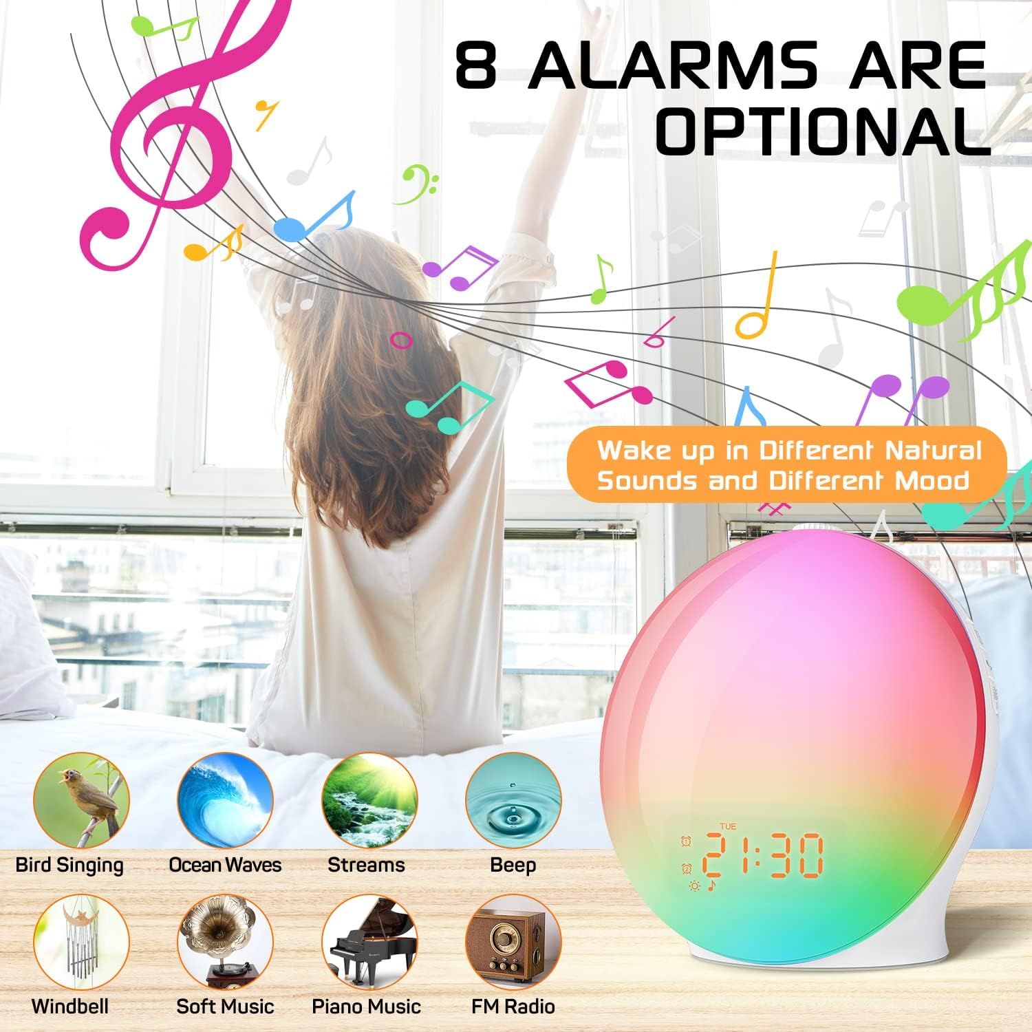 Selection of 8 alarm sounds including natural sounds and FM radio