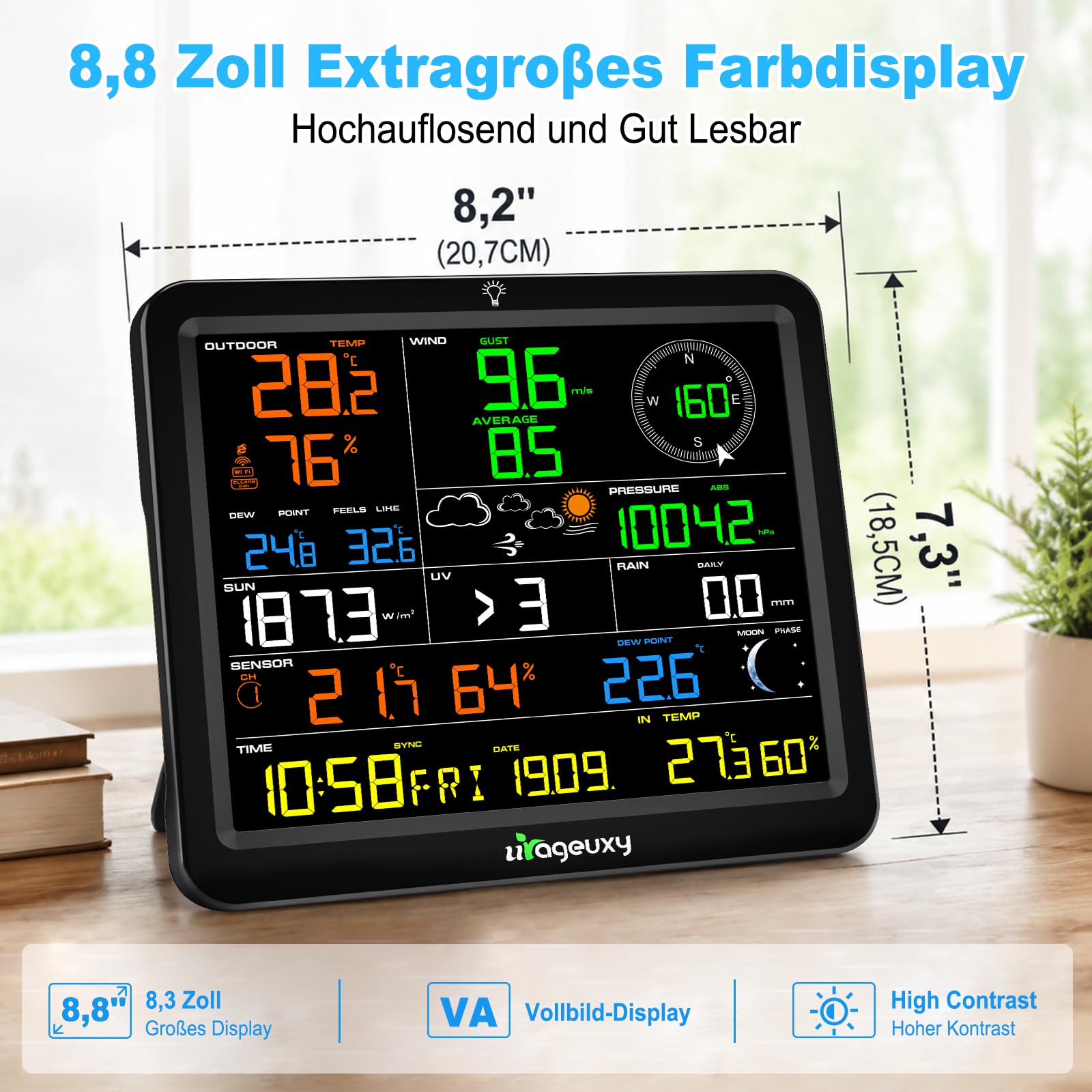 Urageuxy WLAN Wetterstation mit Außensensor, 8,8" Farbdisplay, 7-in-1 Sensor für Wind, Regen, UV, Temperatur, Luftfeuchtigkeit, Luftdruck, Wettervorhersage, bis zu 8 Thermo-Hygrosensoren