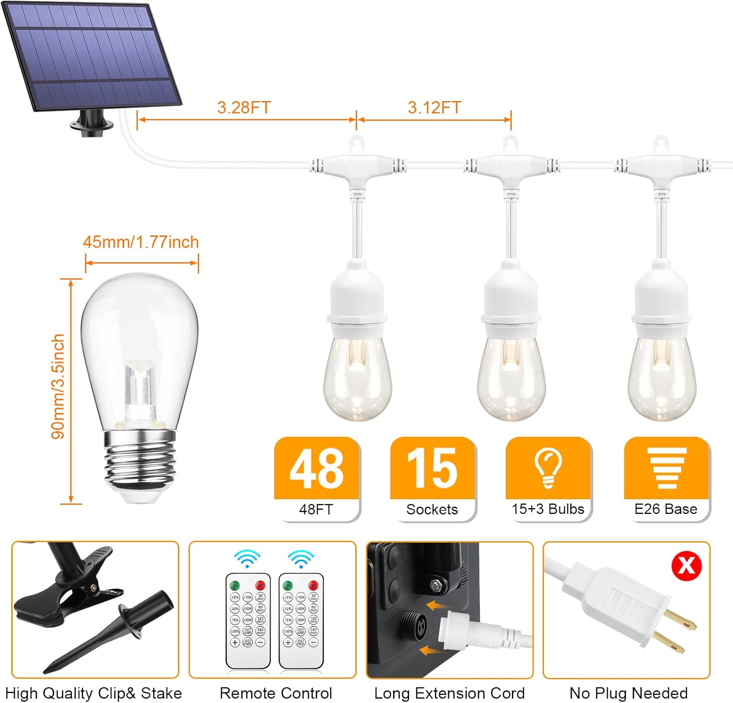 Mlambert 3-Color in 1 Dimmable Solar String Lights Outdoor, 48FT Patio String Lights with Remote and 15+3 Waterproof LED Bulbs for Bistro-White Cord