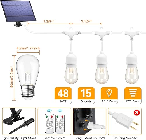Miniatura 4 de Mlambert Tira de luces solares regulables de 3 colores en 1 para exteriores, tira de luces de patio de 48 pies con control remoto y 15+3 bombillas