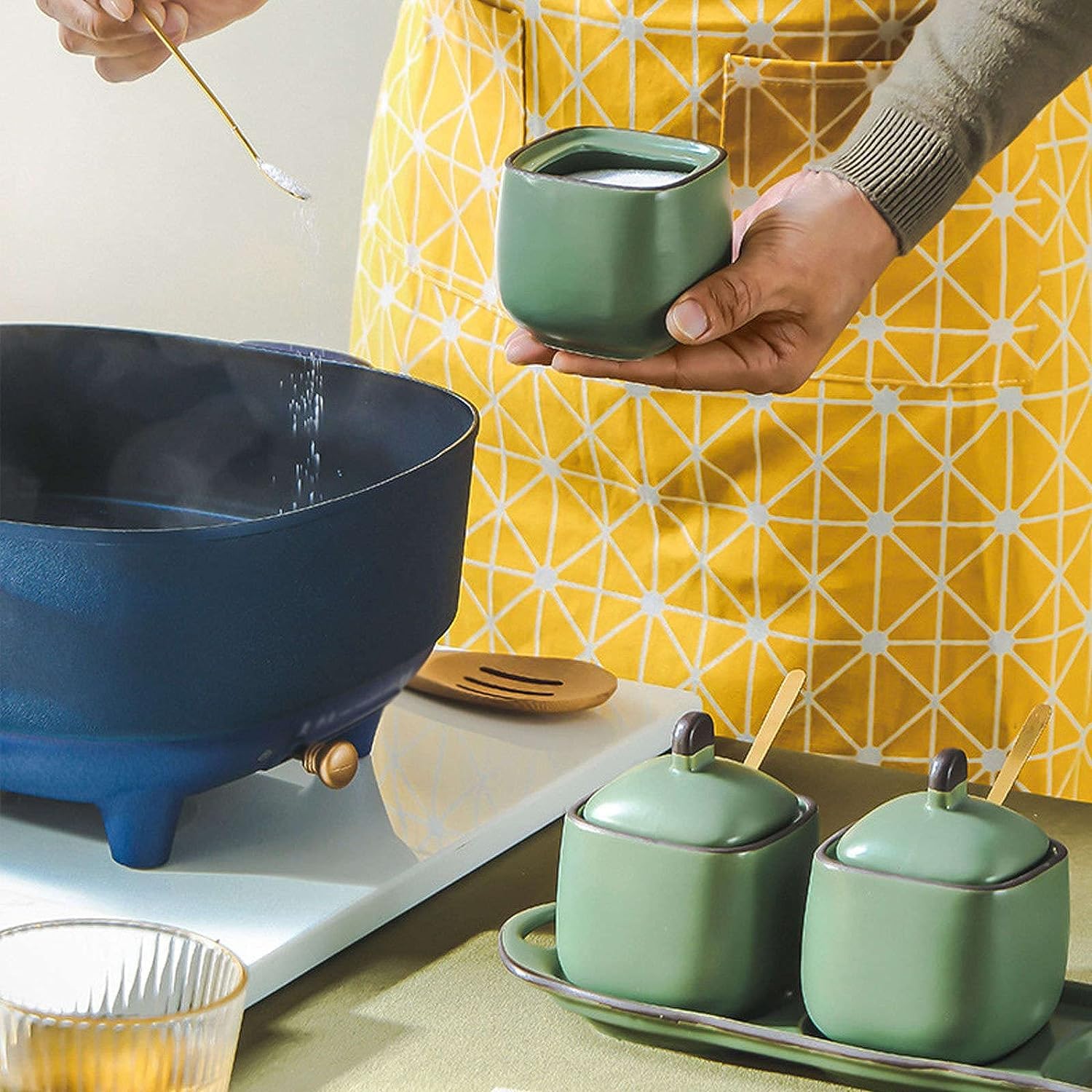 Salero Y Azucarero Cocina Recipiente De Cerámica Para Condimentos Con Tapas, Cucharas, Juego Tarros Para Especias, Organizador Para Sal Azúcar Caja De Almacenamiento
