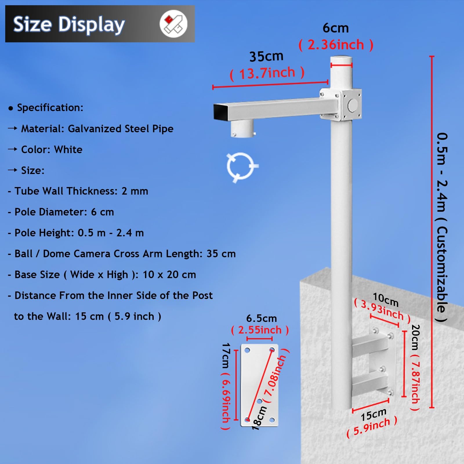Wandhalterung für Überwachungskameras, Metall-Überwachungskamera-Halterung für CCTV/IP/PTZ/Dome/Box-Kamera, Innenhof-Lichtpfosten, 500 mm hoch