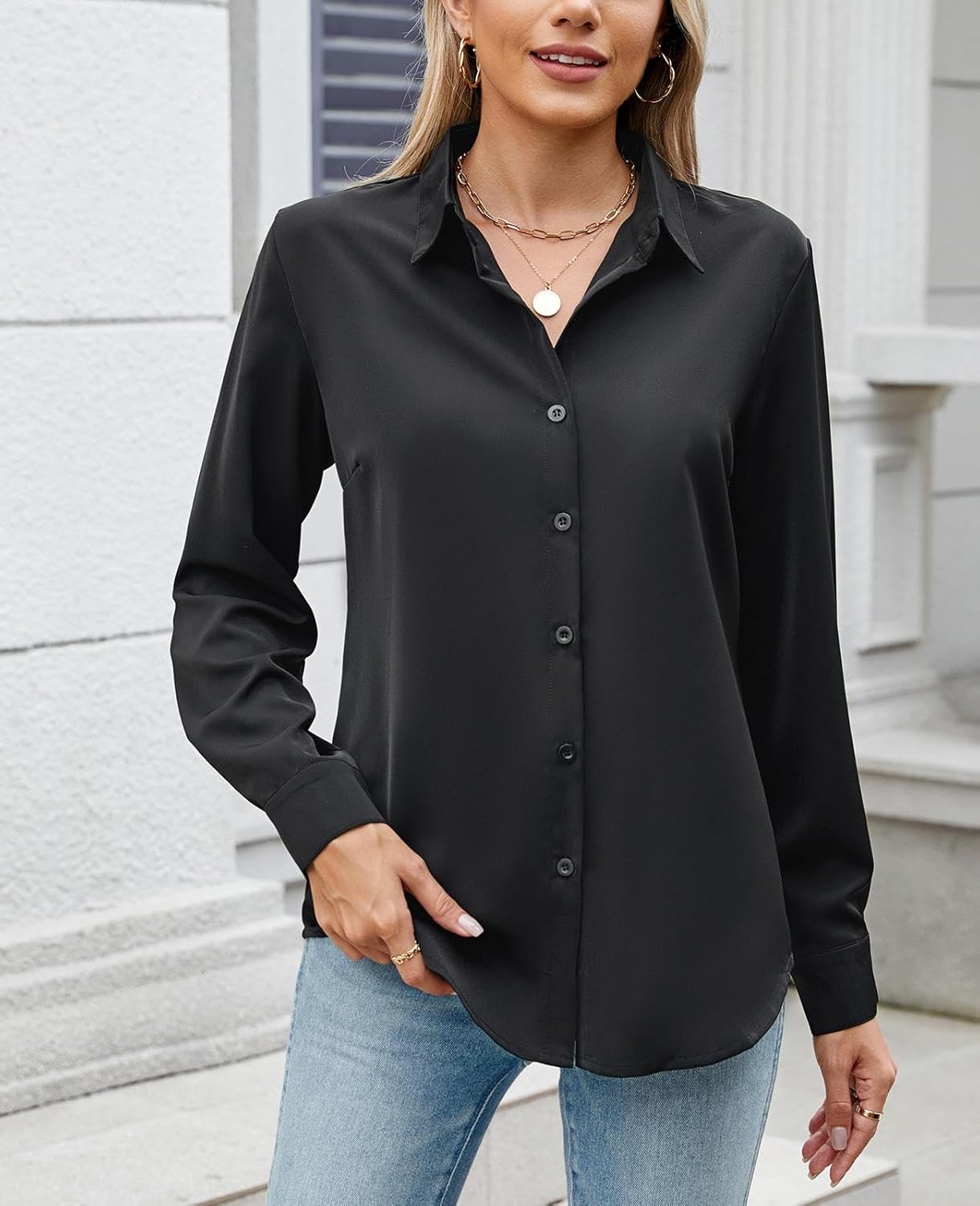 Womens Long Sleeve Button Down Shirt Ultra-Soft Stretch Wrinkle-Free Work Casual Business Office Blouse - Image 2