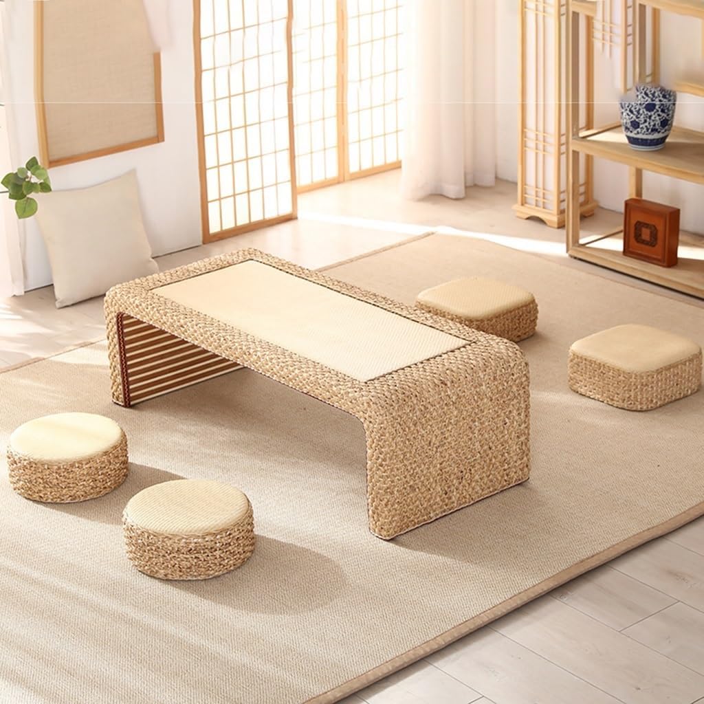 Japanese Style Rattan Tea Table Set for Living Room and Balcony Rectangular Coffee Table and Chairs Wood 120 * 50 * 38cm 5 Pieces