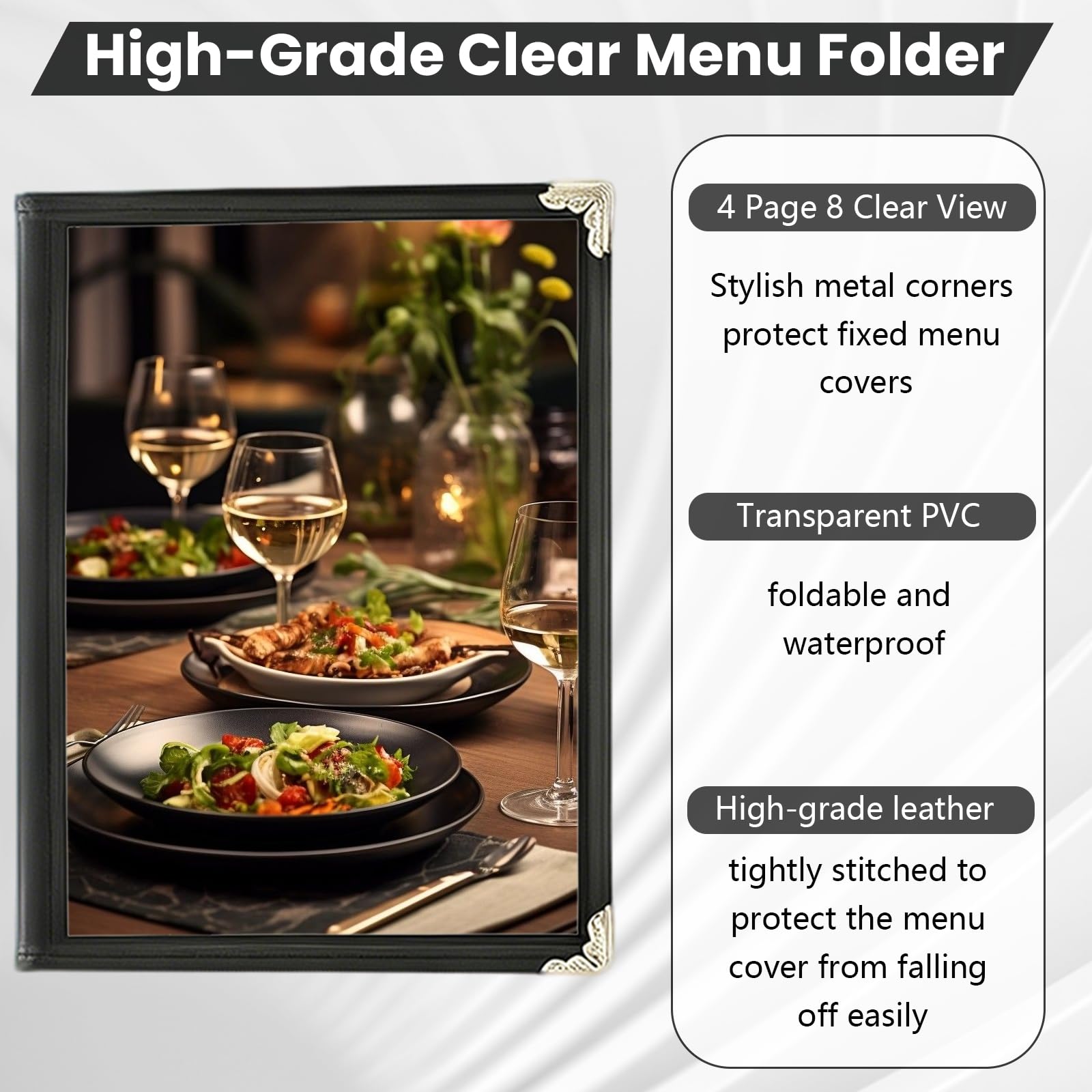 Porte-Menus, Lot de 6 Porte-Cartes de Menu Pliables A4 Protege Menu Transparents à Double Vue avec Surface Imperméable et Protection des Bords Porte Menu 4 Pages 8 Vues pour Restaurants Hôtels et Bars