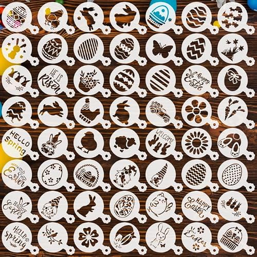 Qumenan 56 Pcs Easter Cookie Stencils for Royal Icing Reusable Eggs Bunny Templates Mold Tools for for Holiday Coffee Art Face Baking Dessert Painting Party Decoration Supplies