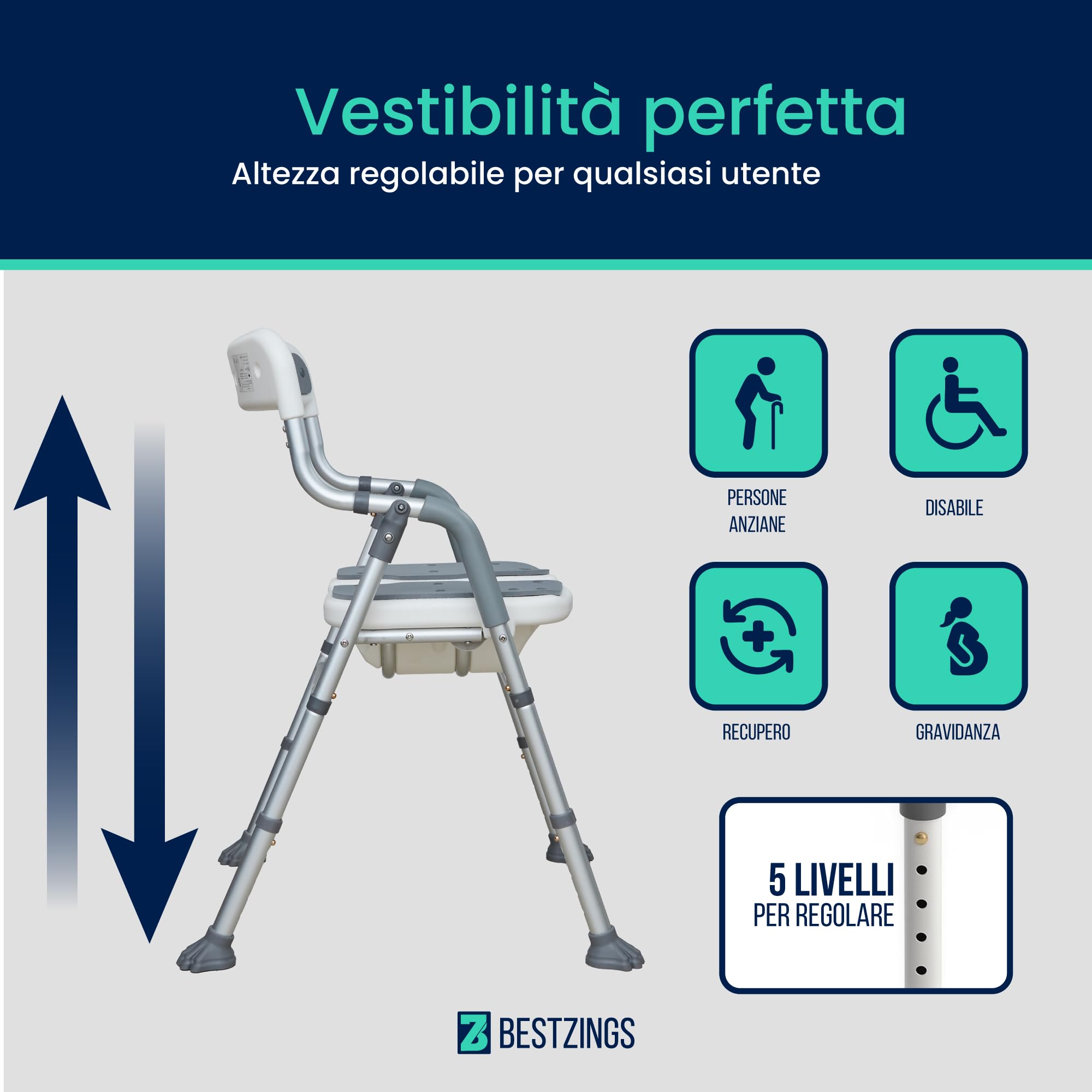 Sedia Doccia Anziani e Disabili, Sedia per Doccia e Sedia da Doccia Pieghevole, Seggiolino Doccia, Sedile per Doccia, Sgabello Doccia Regolabile con Schienale, 100 kg