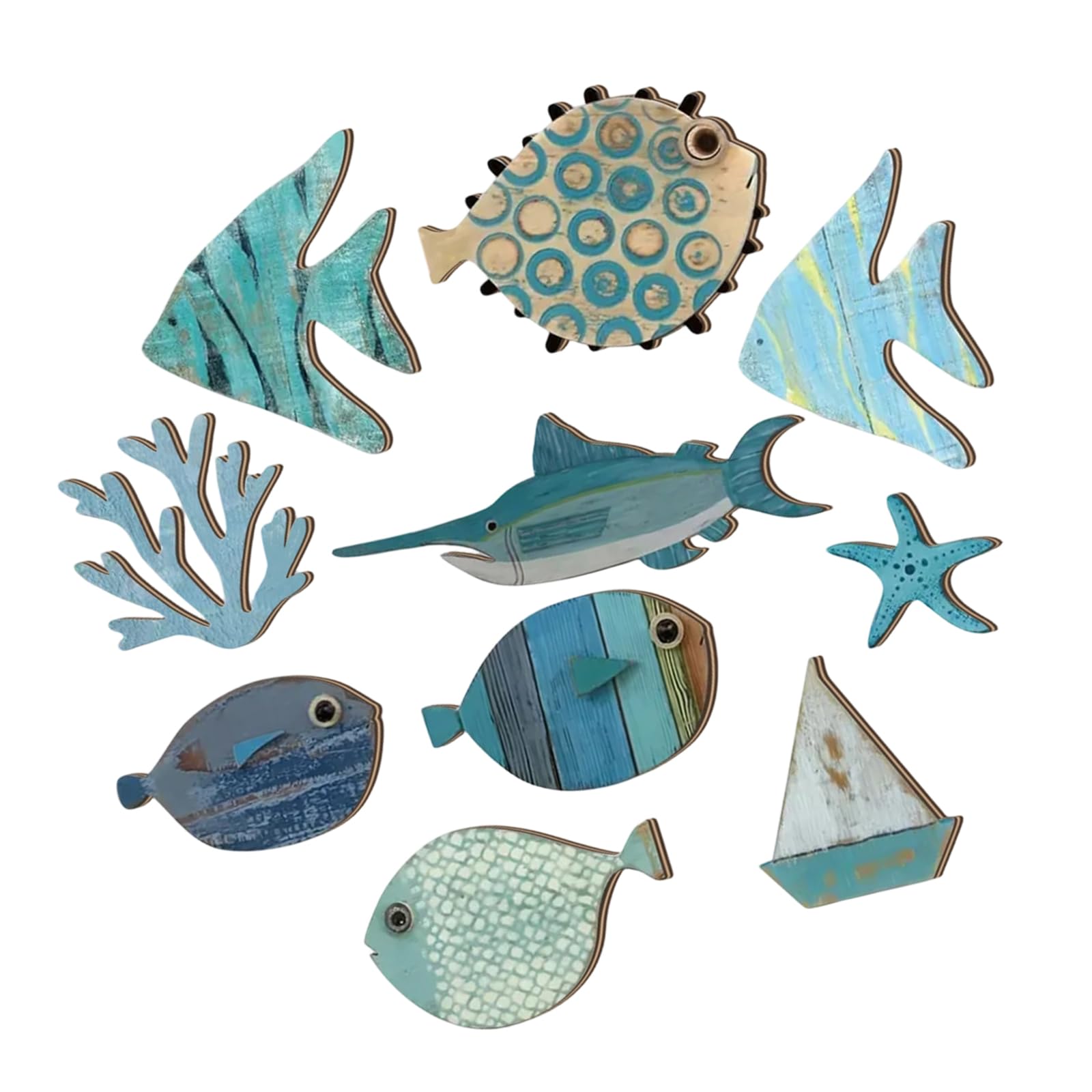 X-Institute Handcrafted Wooden Fish School Wall Art Hanging Sculpture Ornaments Set for Coastal Nursery Decors Beach Theme Design Coastal Nursery Wall Art