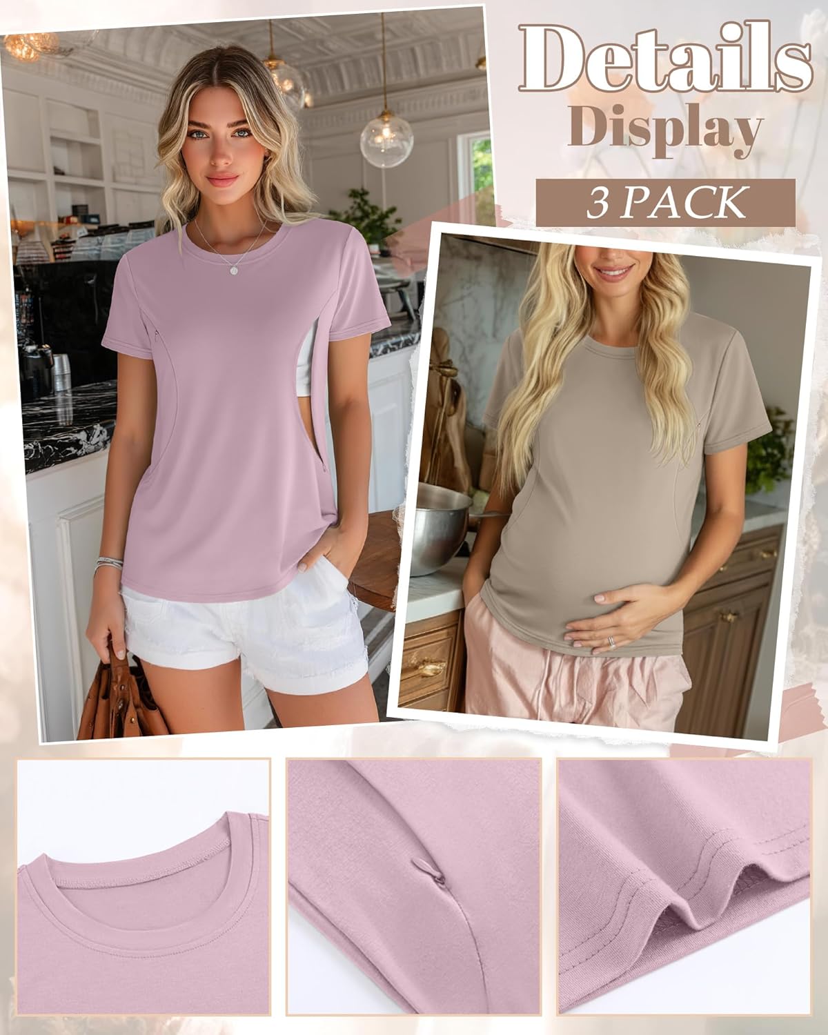 4 Pack Women's Nursing Breastfeeding Shirts with Zipper Loose Fit Short Sleeve Maternity Top Nursing Clothes