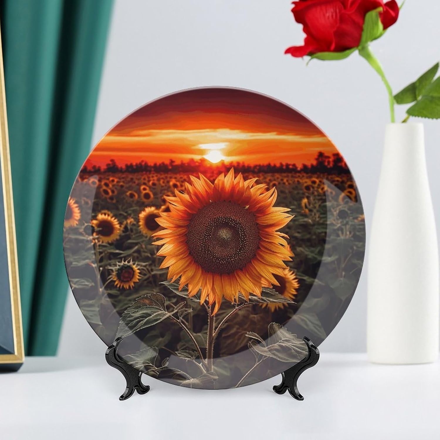 Bone China Decorative Plates Sunset Sunflower Ceramic Decorative Plate Wall Decor with Display Stand Ceramic Ornaments for Wall Hanging Decoration