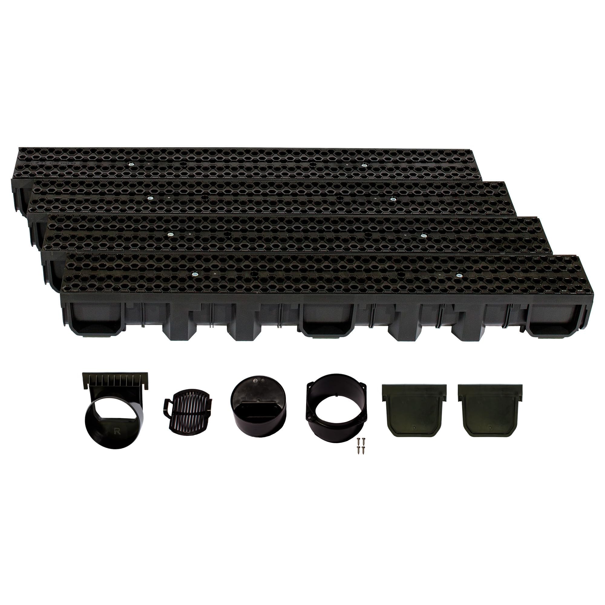C250 Entwässerungsrinne Set - 13 x 400 x 11,5 cm - Bodenrinne - PKW- & LKW-befahrbar- Regenwasser Ablauf - Abfluss mit Gitter - Drainagekanal - Kunststoff - Designrost Bienenwabe Schwarz