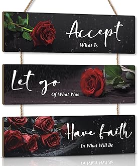 KARINE Red Flower Wall Decor Motivational Words Hanging Sign Rose Flowers Inspirational Quotes Wall Plaque for Office Accept Let Go Have Faith Quotes for Girls Women Living Room Bathroom