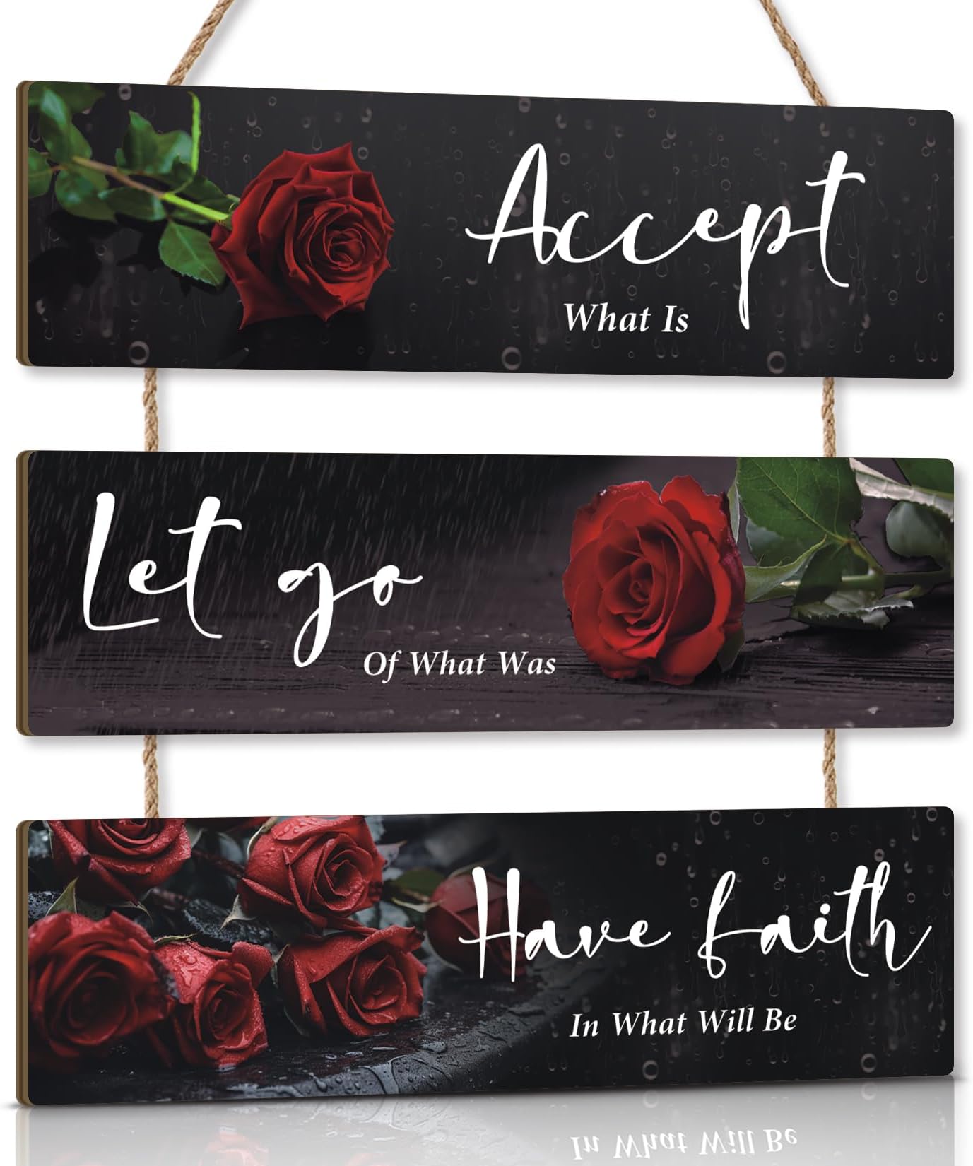 KARINE Red Flower Wall Decor Motivational Words Hanging Sign Rose Flowers Inspirational Quotes Wall Plaque for Office Accept Let Go Have Faith Quotes for Girls Women Living Room Bathroom