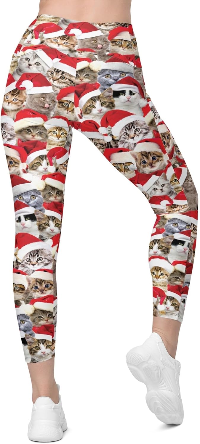FIERCEPULSE Christmas Cat Leggings with Pockets – High-Waisted Festive Cat Print Leggings for Women