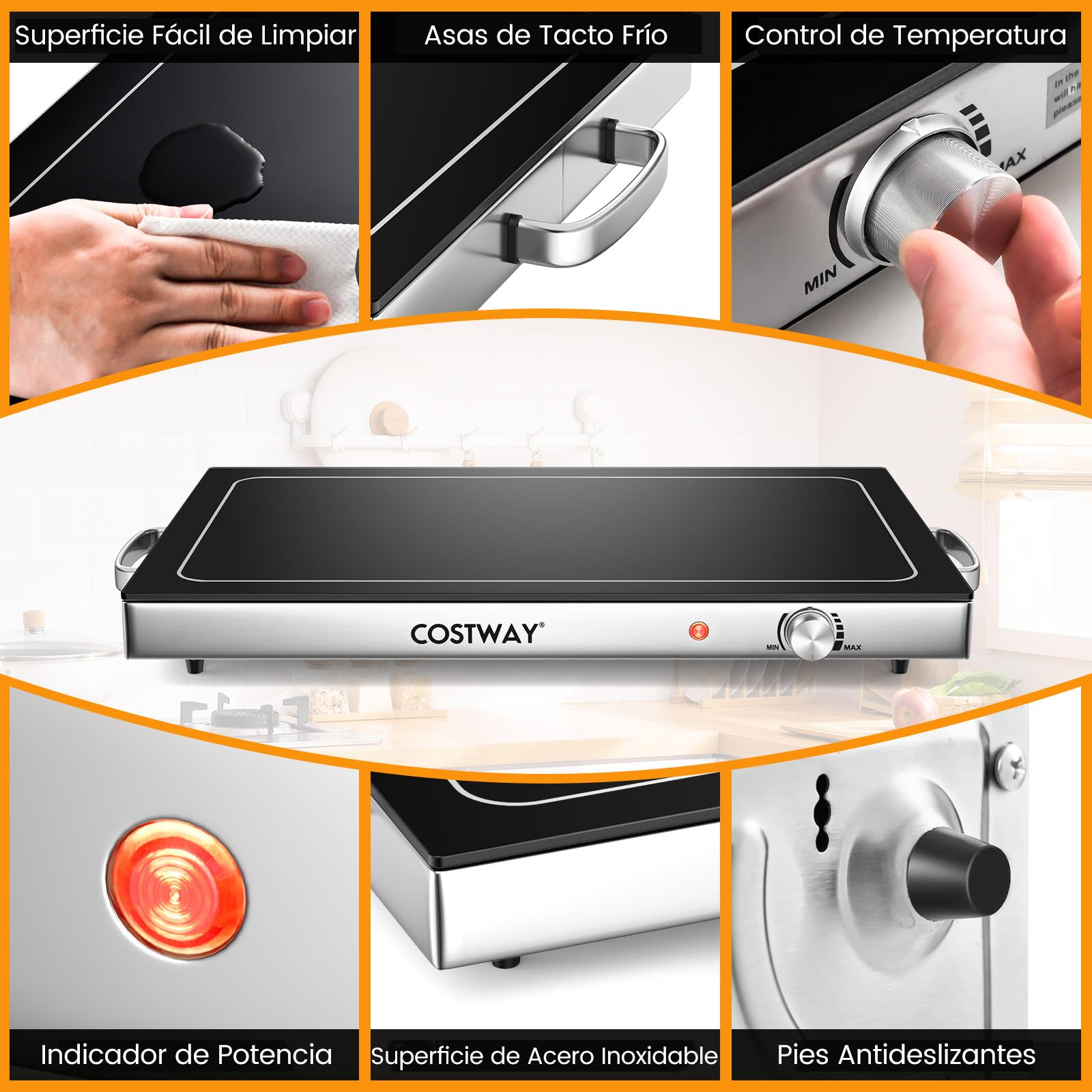 COSTWAY Calentador de Alimentos, Servidor de Buffet, Bandeja de Acero Inoxidable, Calentador de Comida con Tapa de Vidrio Resistente, Calentador de Platos, 300W, Temperatura Ajustable